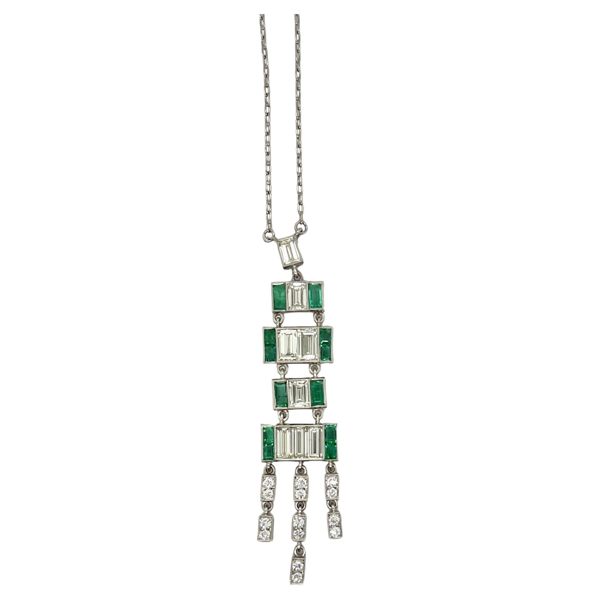 Platinum, Diamond and Emerald Pendant Necklace