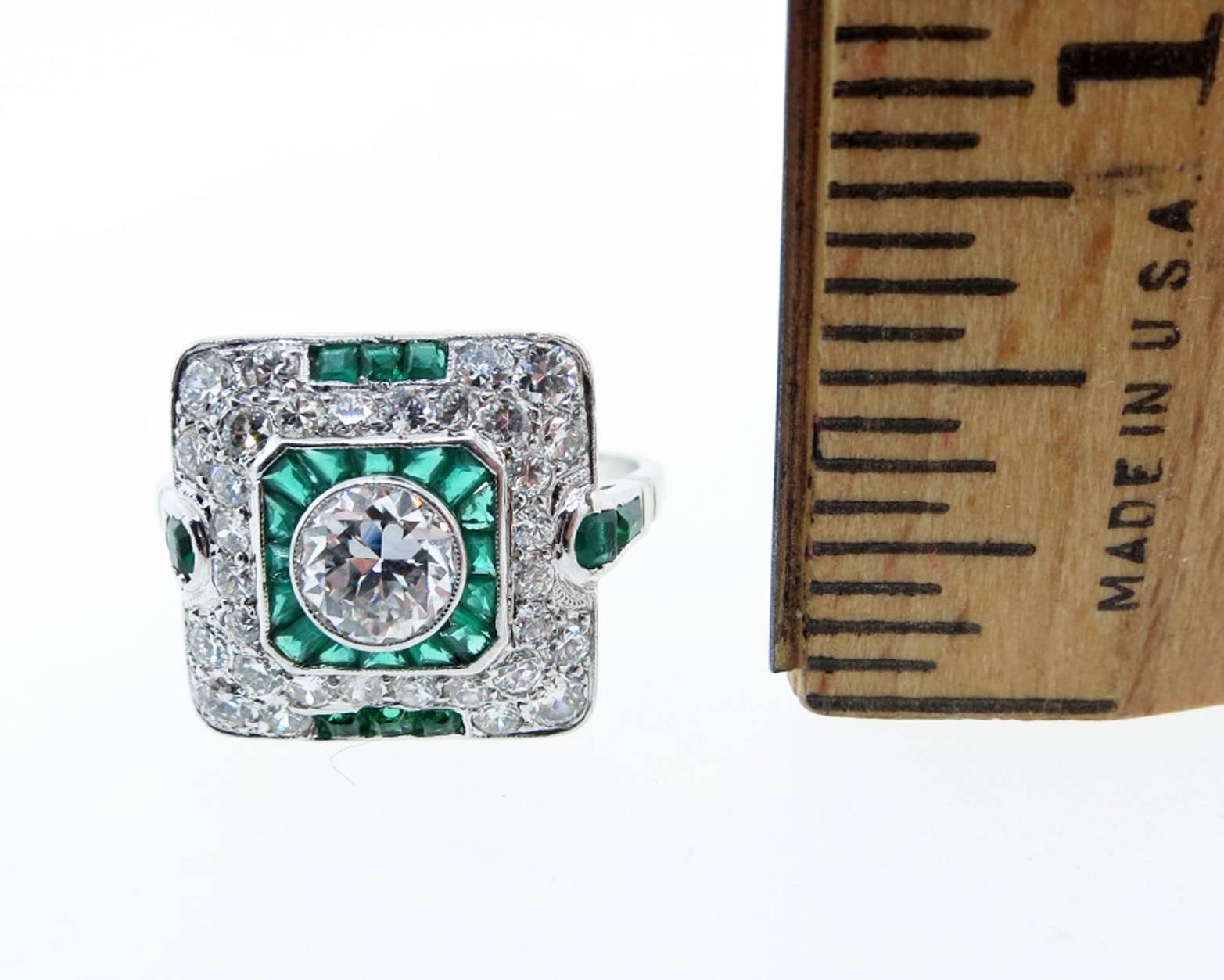 Art Deco  Emerald Diamond Platinum Ring