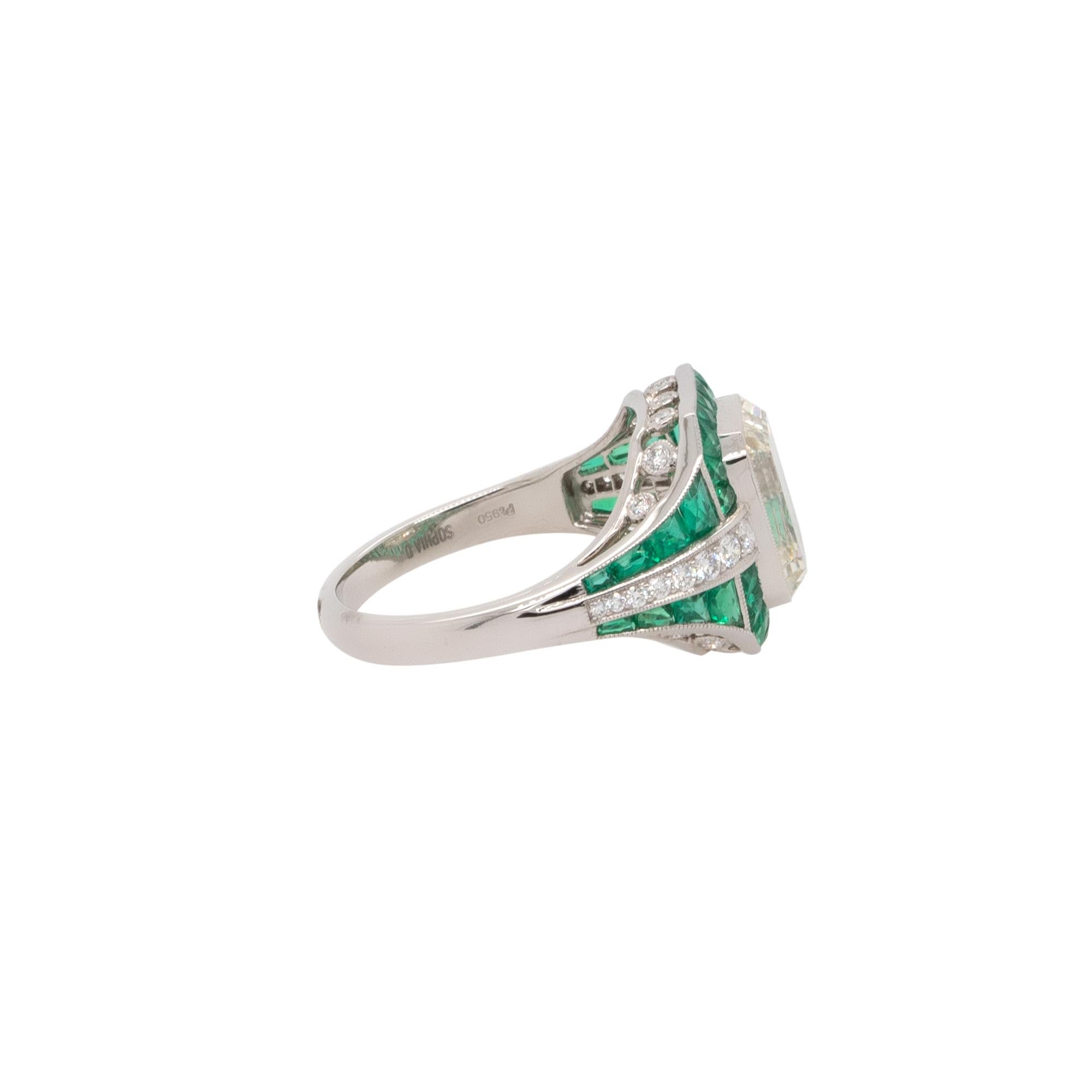 Mixed Cut Platinum Diamond and Emerald Ring For Sale