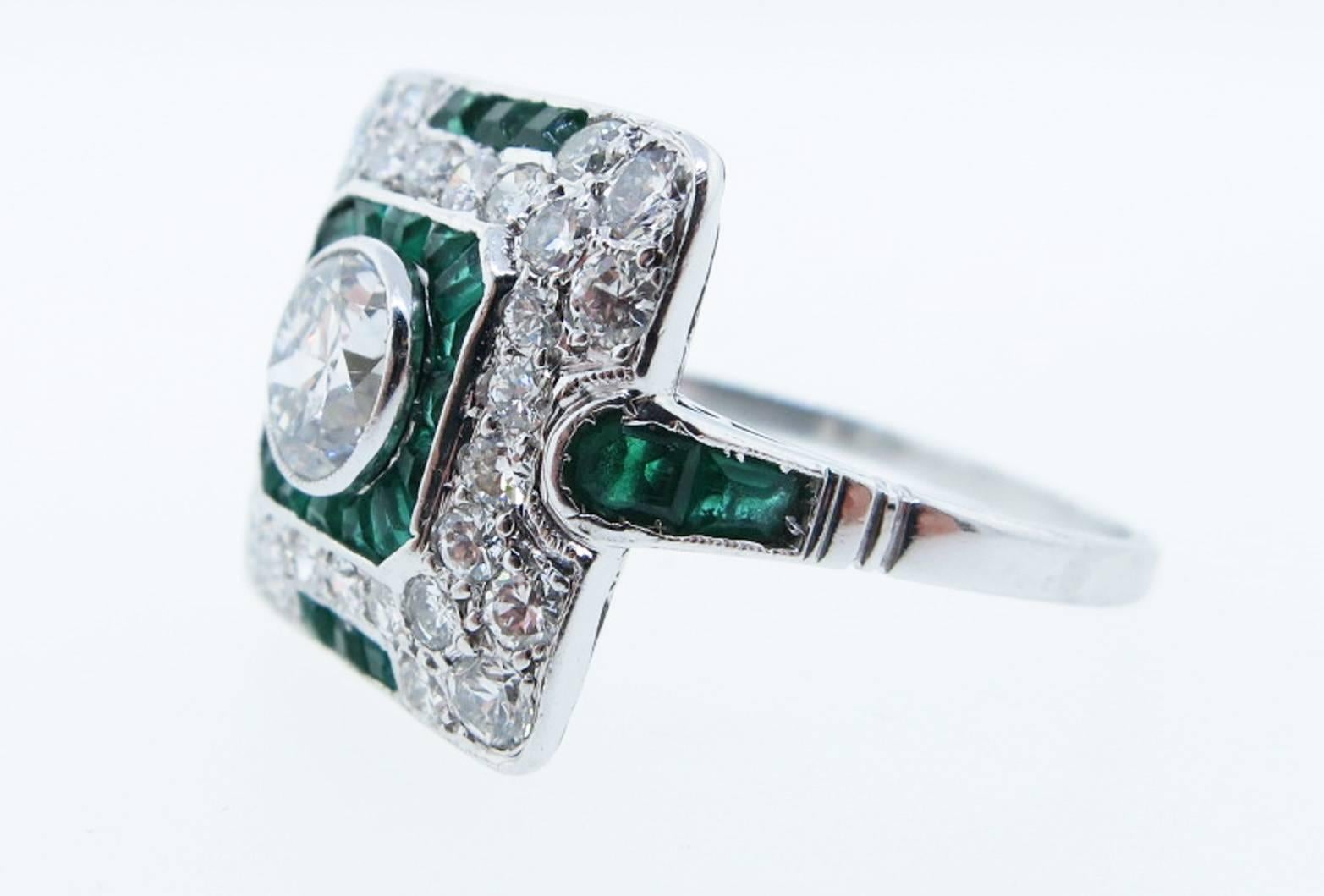 Old European Cut  Emerald Diamond Platinum Ring