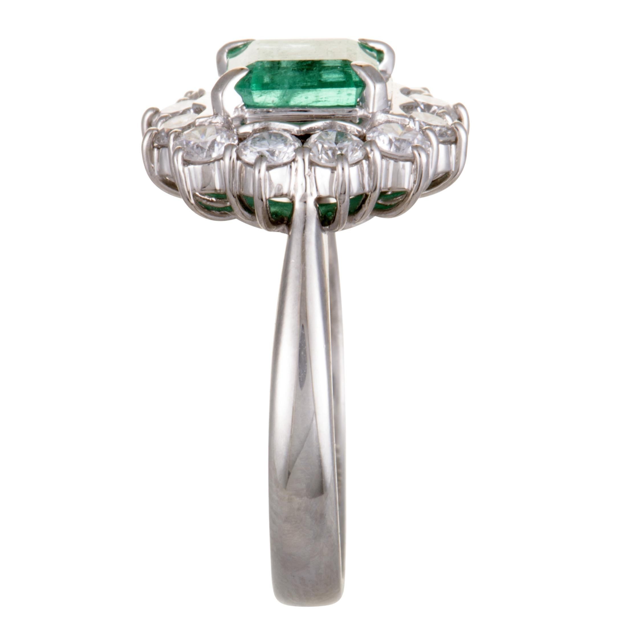Platinum Diamond and Emerald Square Cushion Ring In Excellent Condition In Southampton, PA