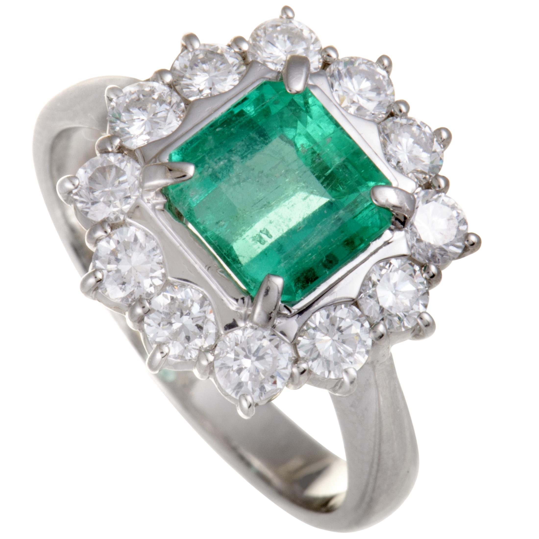Platinum Diamond and Emerald Square Cushion Ring