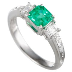 Platinum Diamond and Emerald Square Ring