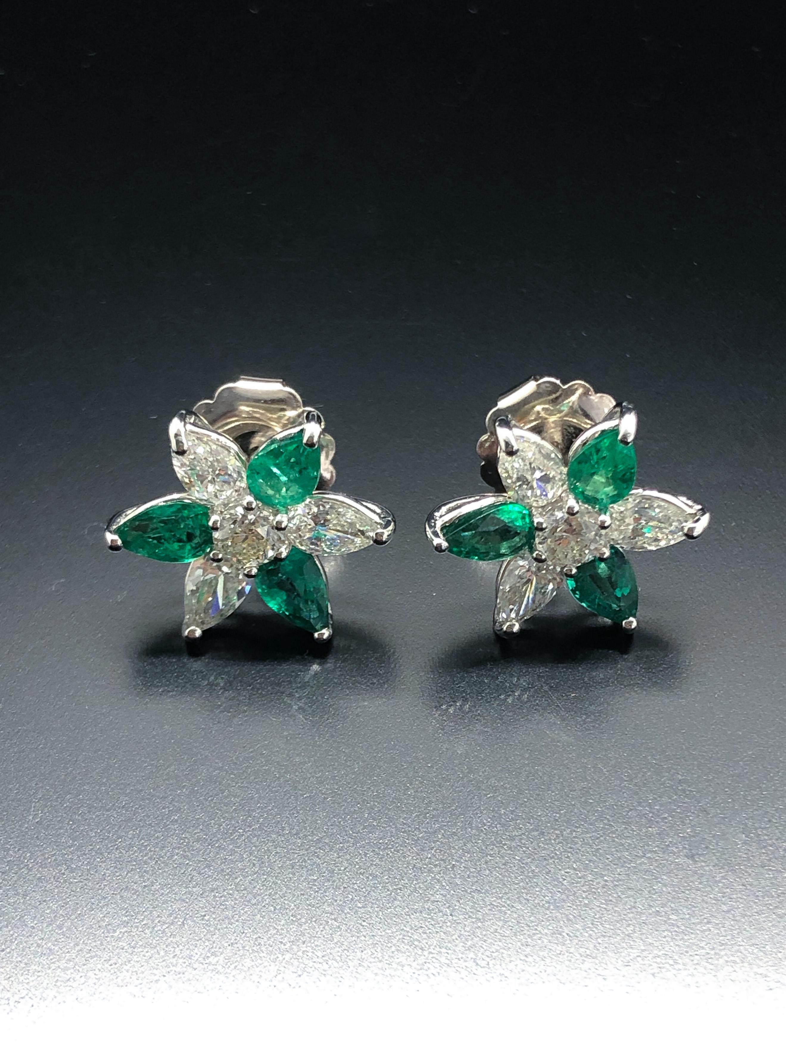 Pear Cut Platinum Diamond and Emerald Star Earrings For Sale