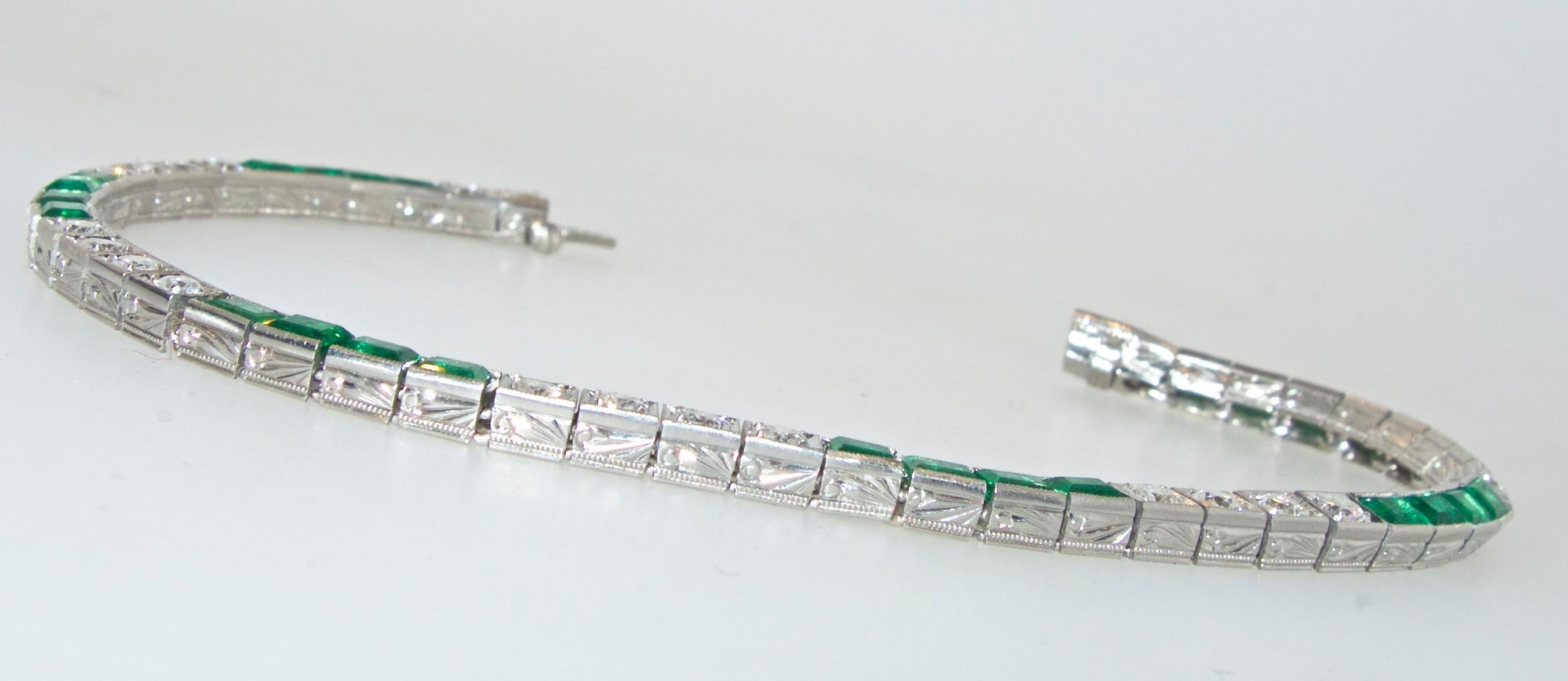 Platinum, Diamond and Emerald Straight-Line Bracelet, circa 1935 2