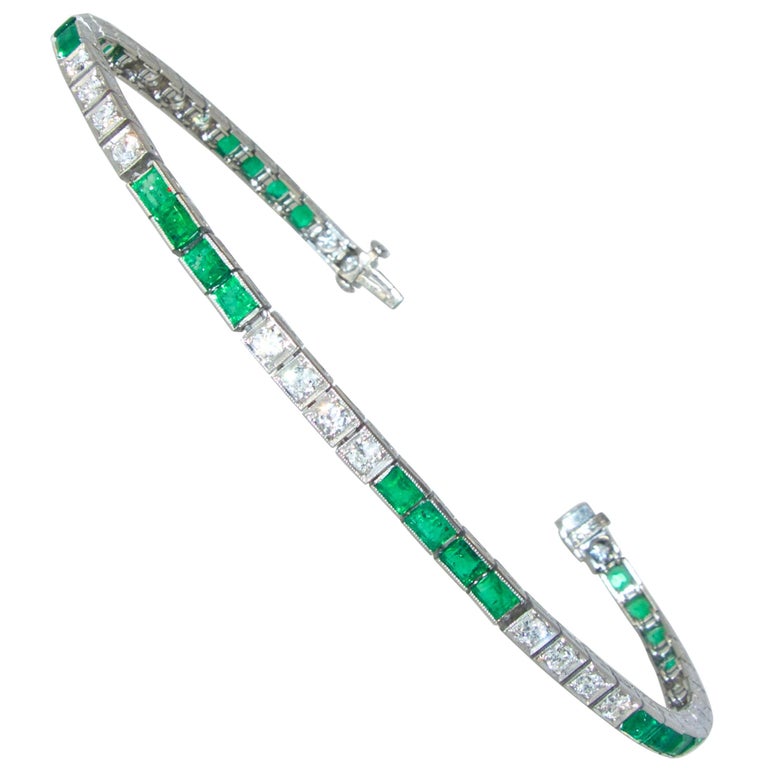Platinum, Diamond and Emerald Straight-Line Bracelet, circa 1935 1