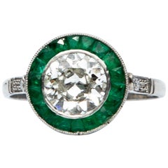 Antique Platinum Diamond and Emerald Target Ring