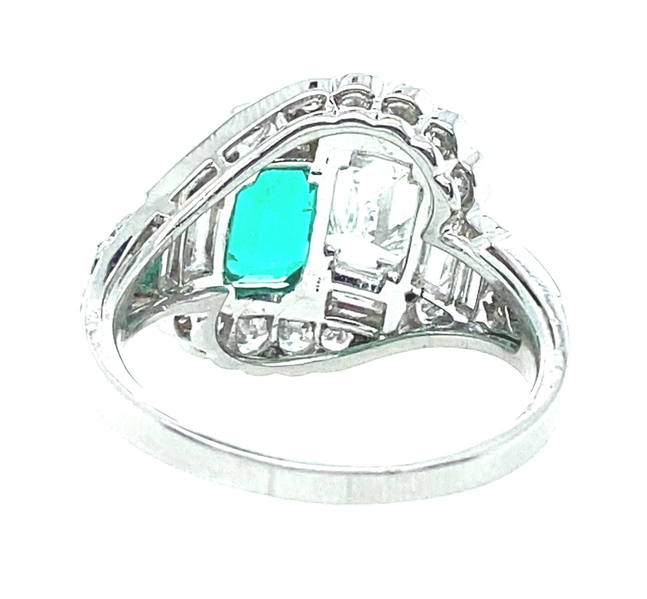 Emerald Cut Platinum Diamond and Emerald Toi Et Moi 1950s Ring