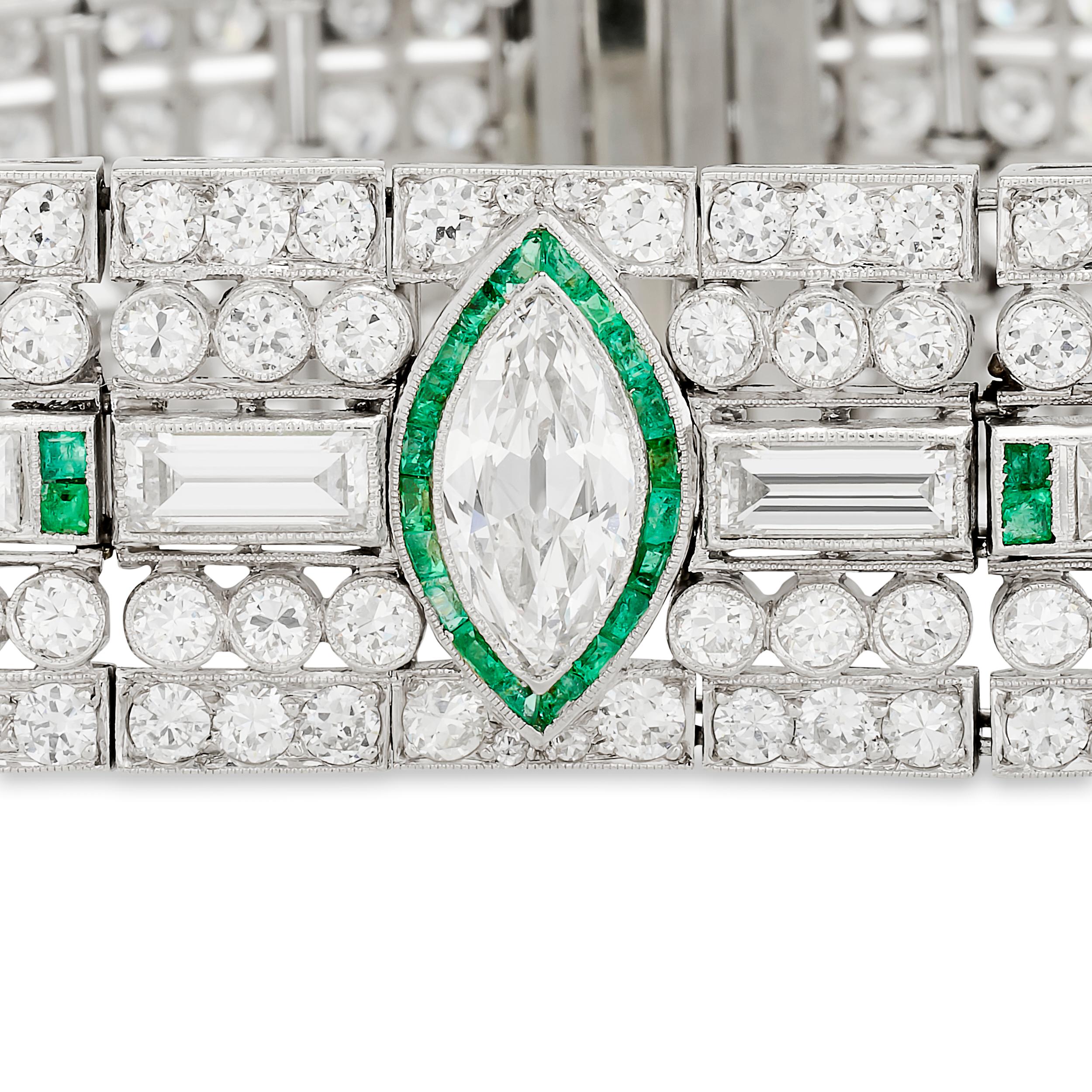 Platinum Diamond and Emerald Wide Estate Bracelet In Excellent Condition For Sale In Philadelphia, PA
