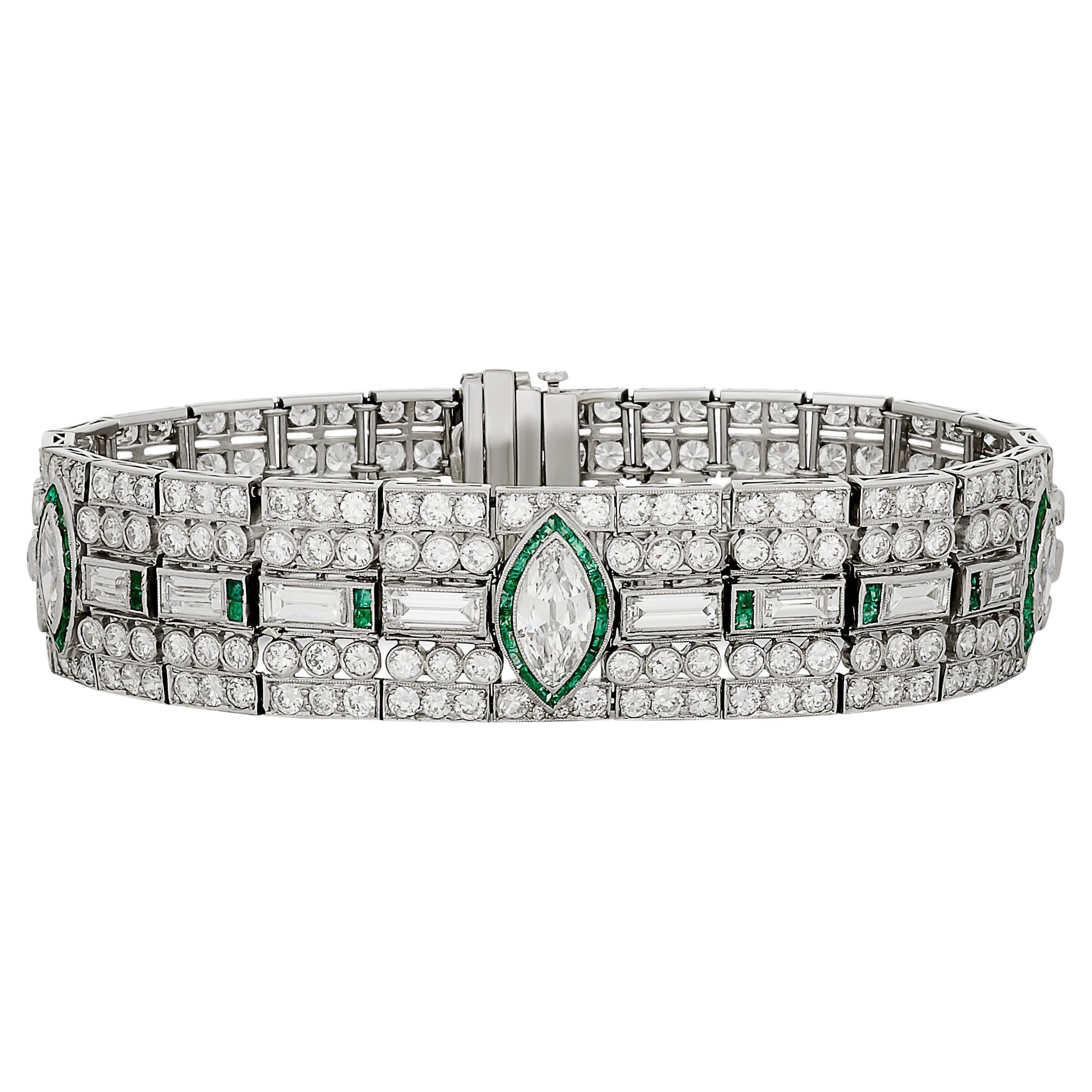 Platinum Diamond and Emerald Wide Estate Bracelet