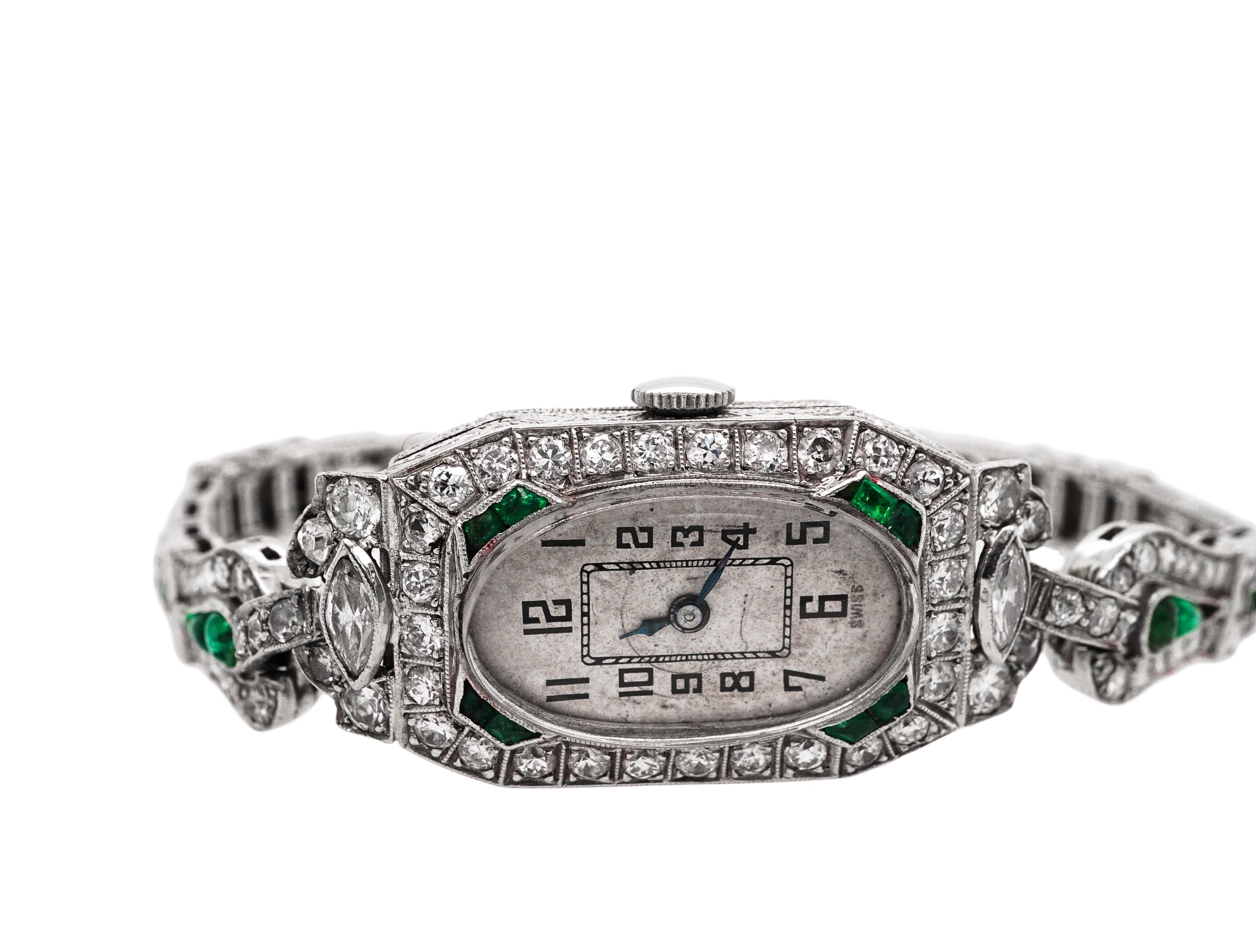 Art Deco Platinum, Diamond and Emerald Wristwatch For Sale