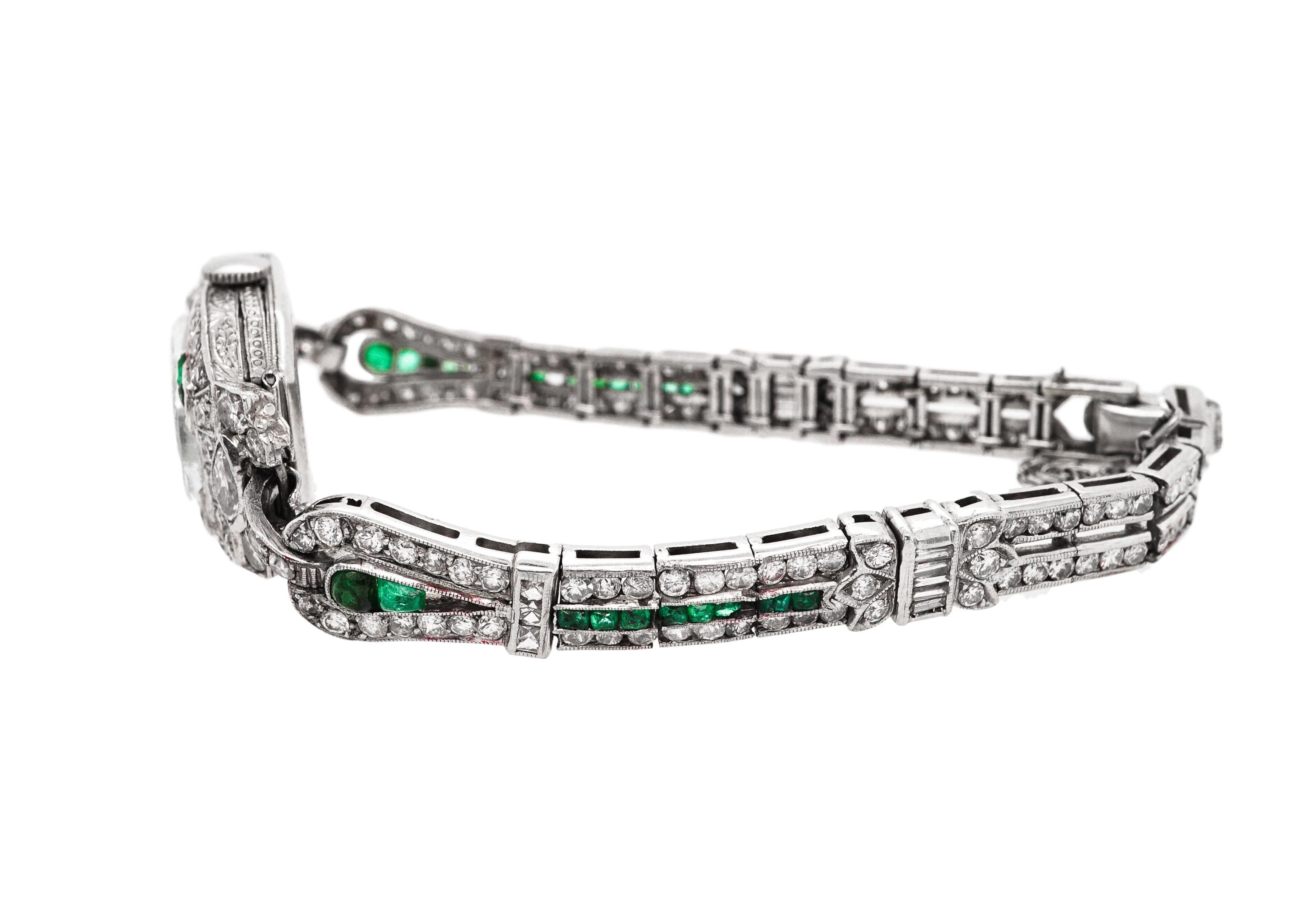 Platinum, Diamond and Emerald Wristwatch In Good Condition For Sale In New York, NY