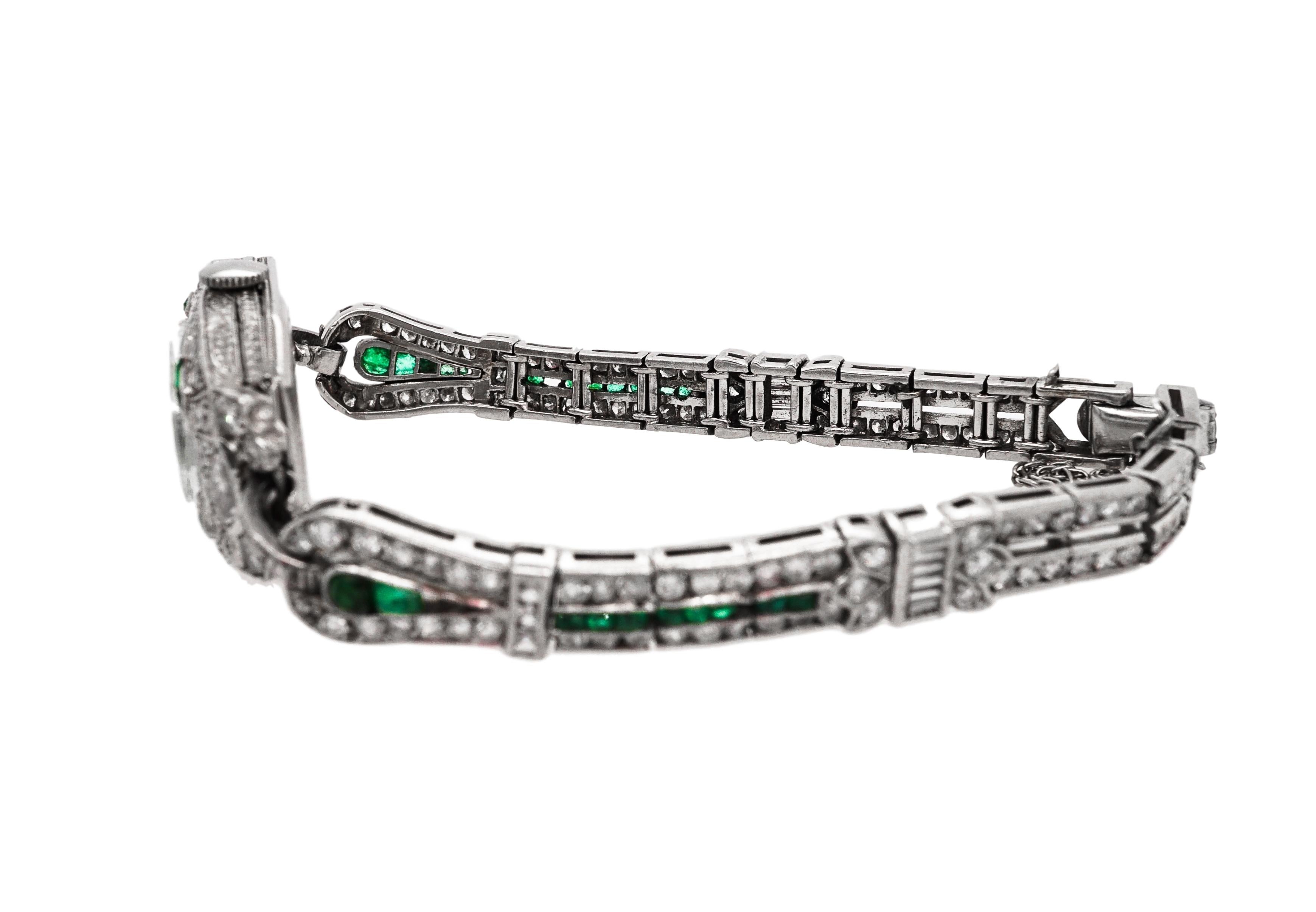 Women's or Men's Platinum, Diamond and Emerald Wristwatch For Sale