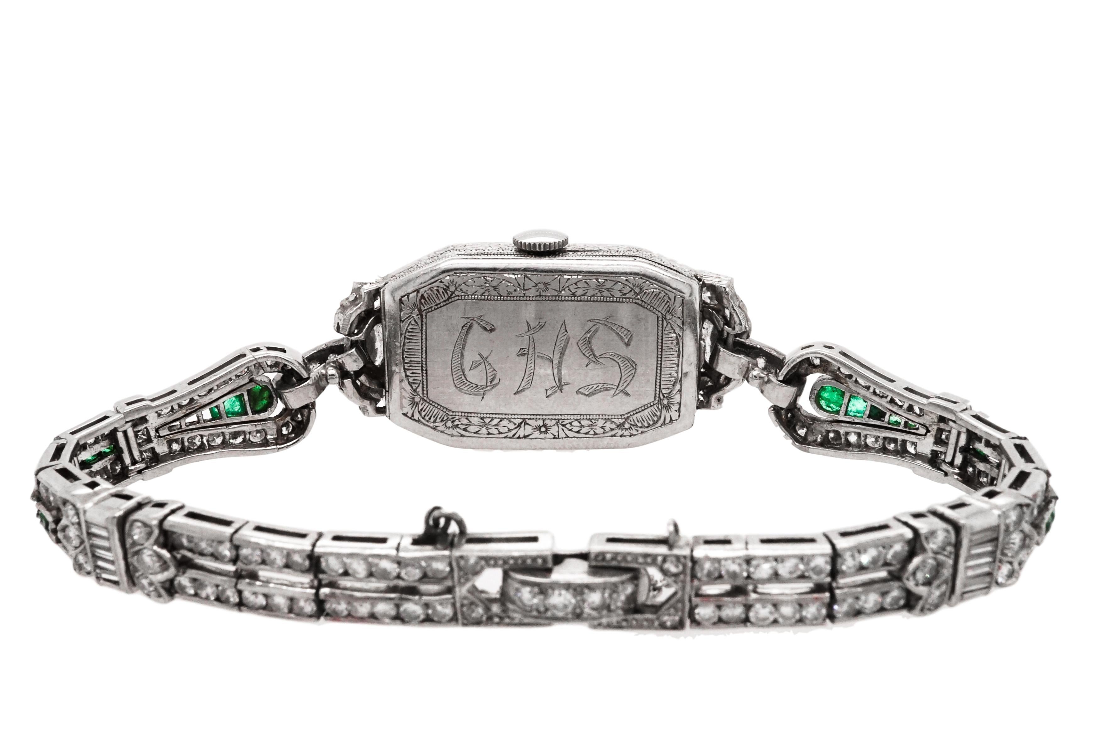 Platinum, Diamond and Emerald Wristwatch For Sale 1