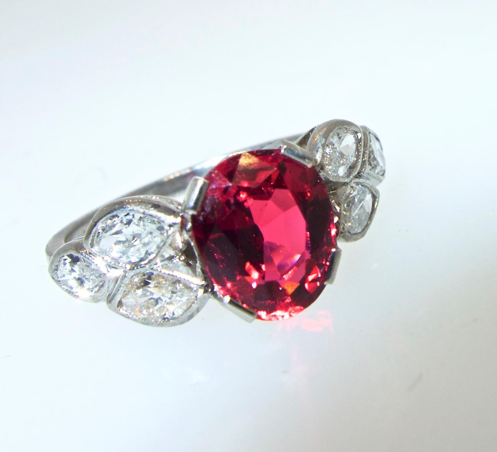 Platinum, Diamond and Fine Natural Spinel Ring In Excellent Condition In Aspen, CO