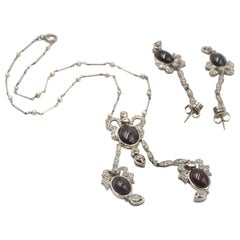 Platinum Diamond and Garnet Necklace and Earring Set