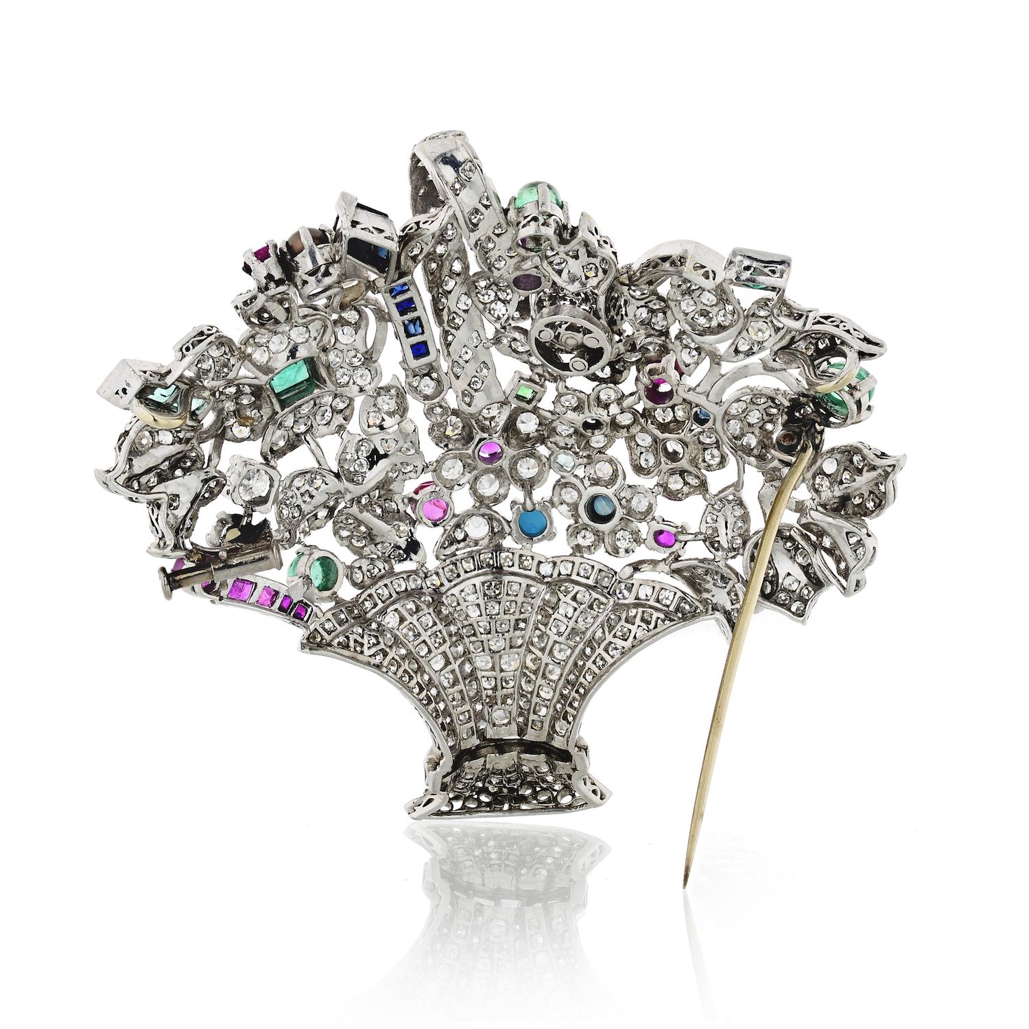 Modern Platinum Diamond and Gemstone Flower Basket 1950s Brooch For Sale