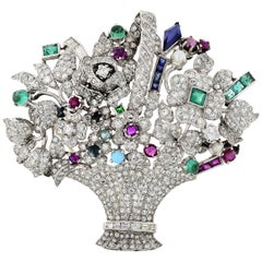 Vintage Platinum Diamond and Gemstone Flower Basket 1950s Brooch