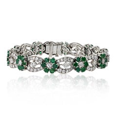 Platinum Diamond And Green Emerald Flower Bracelet