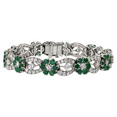 Platinum Diamond And Green Emerald Flower Bracelet