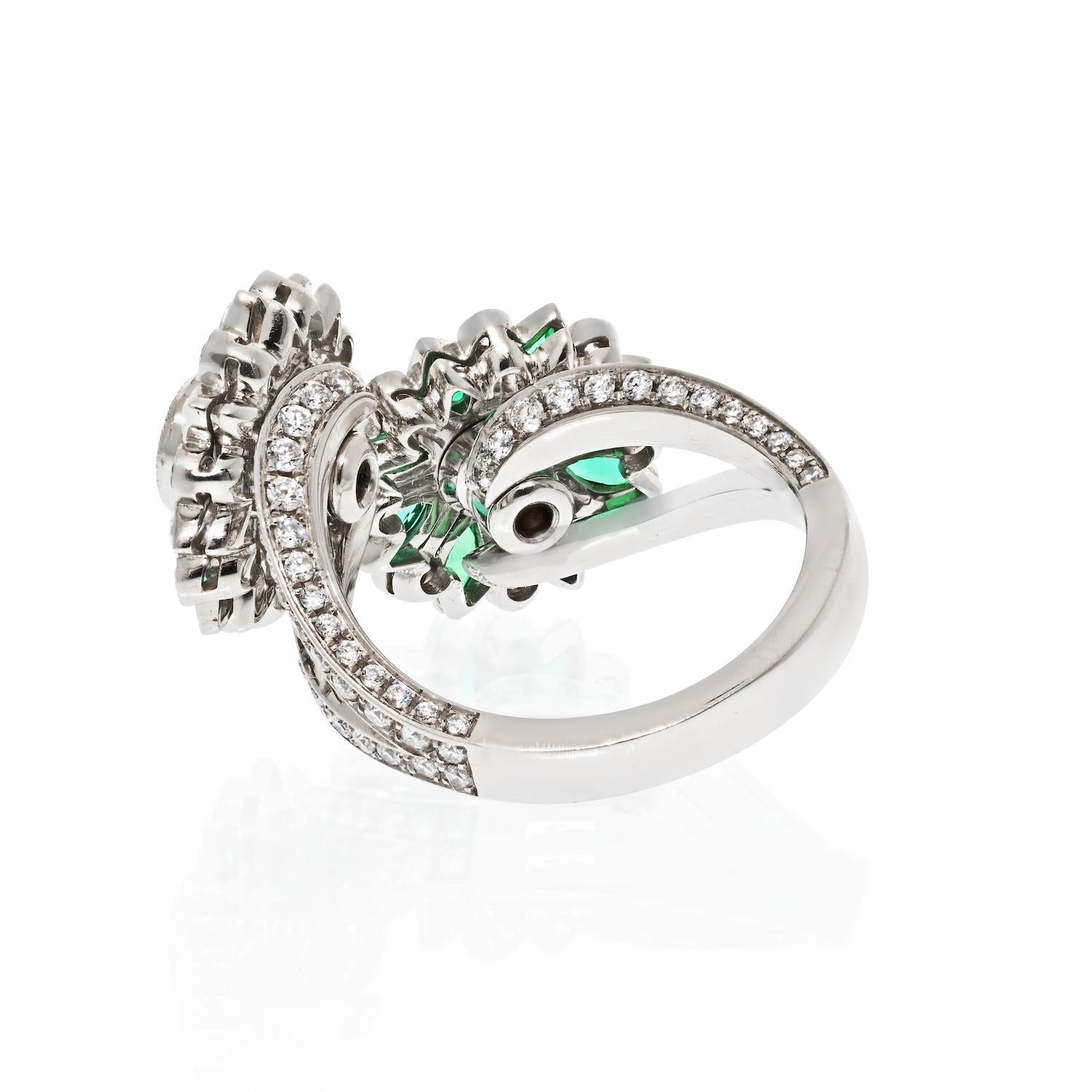 Round Cut Platinum Diamond And Green Emerald Toi Et Moi Flower Cocktail Ring For Sale