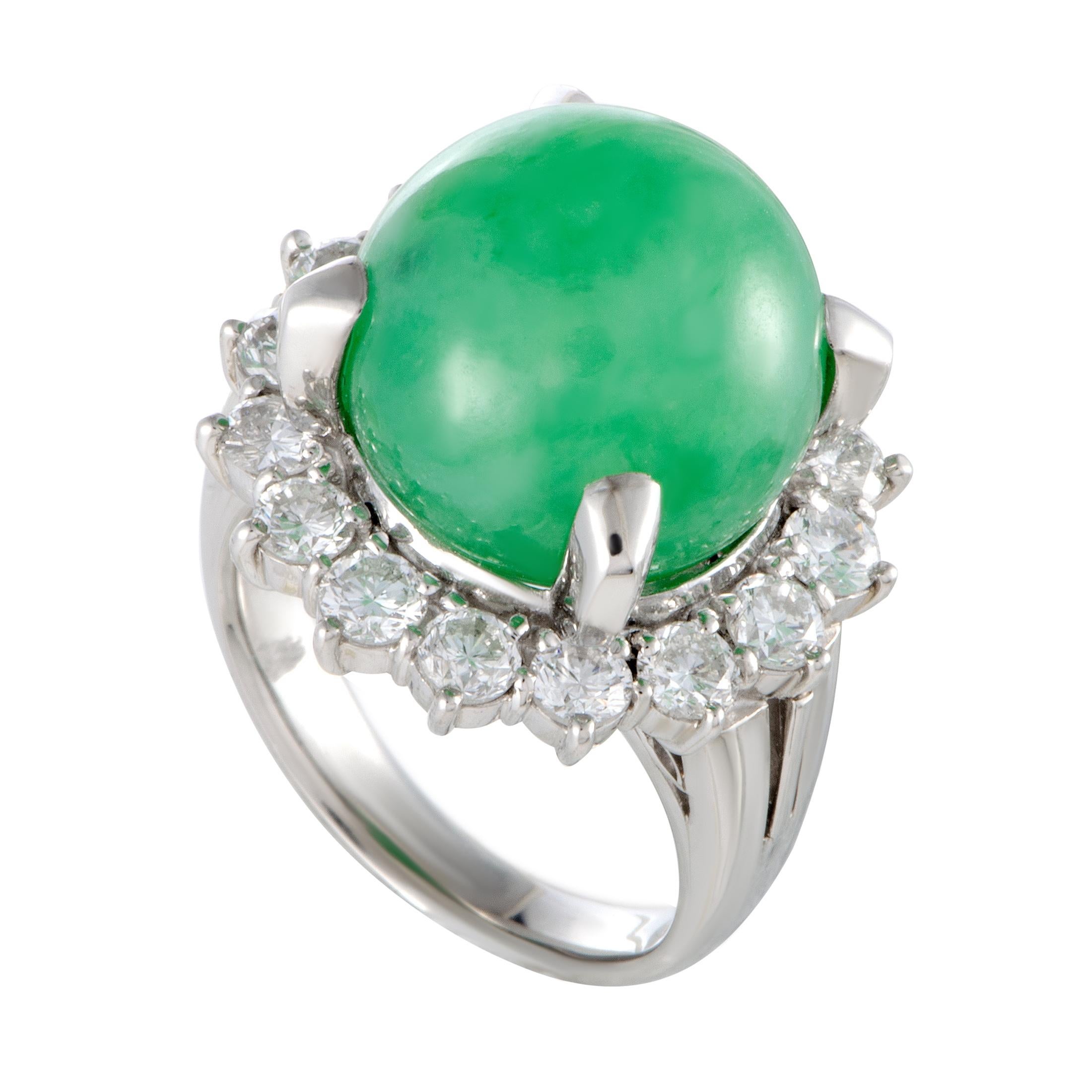 Platinum Diamond and Green Jade Round Ring