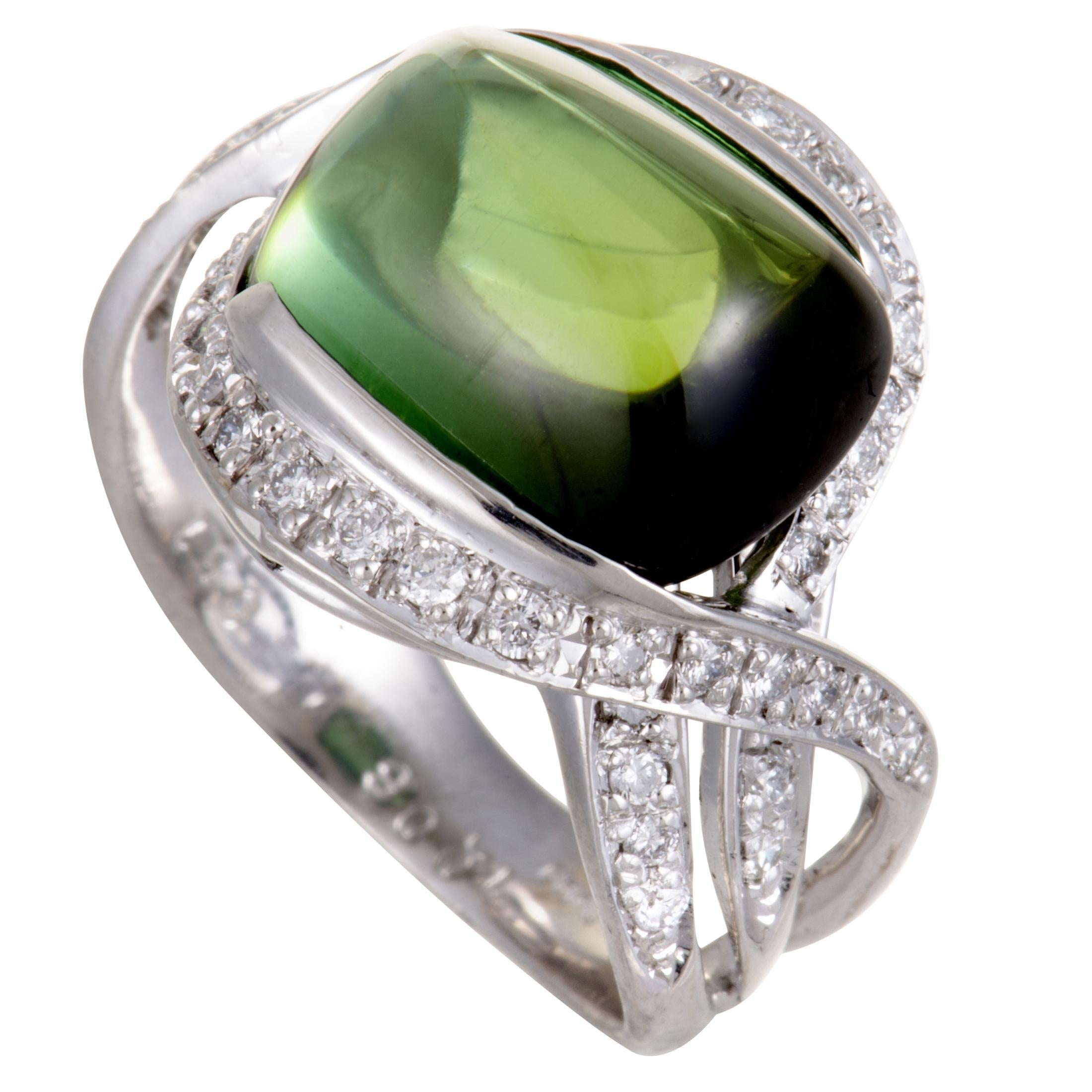 Platinum Diamond and Green Tourmaline Cabochon Ring