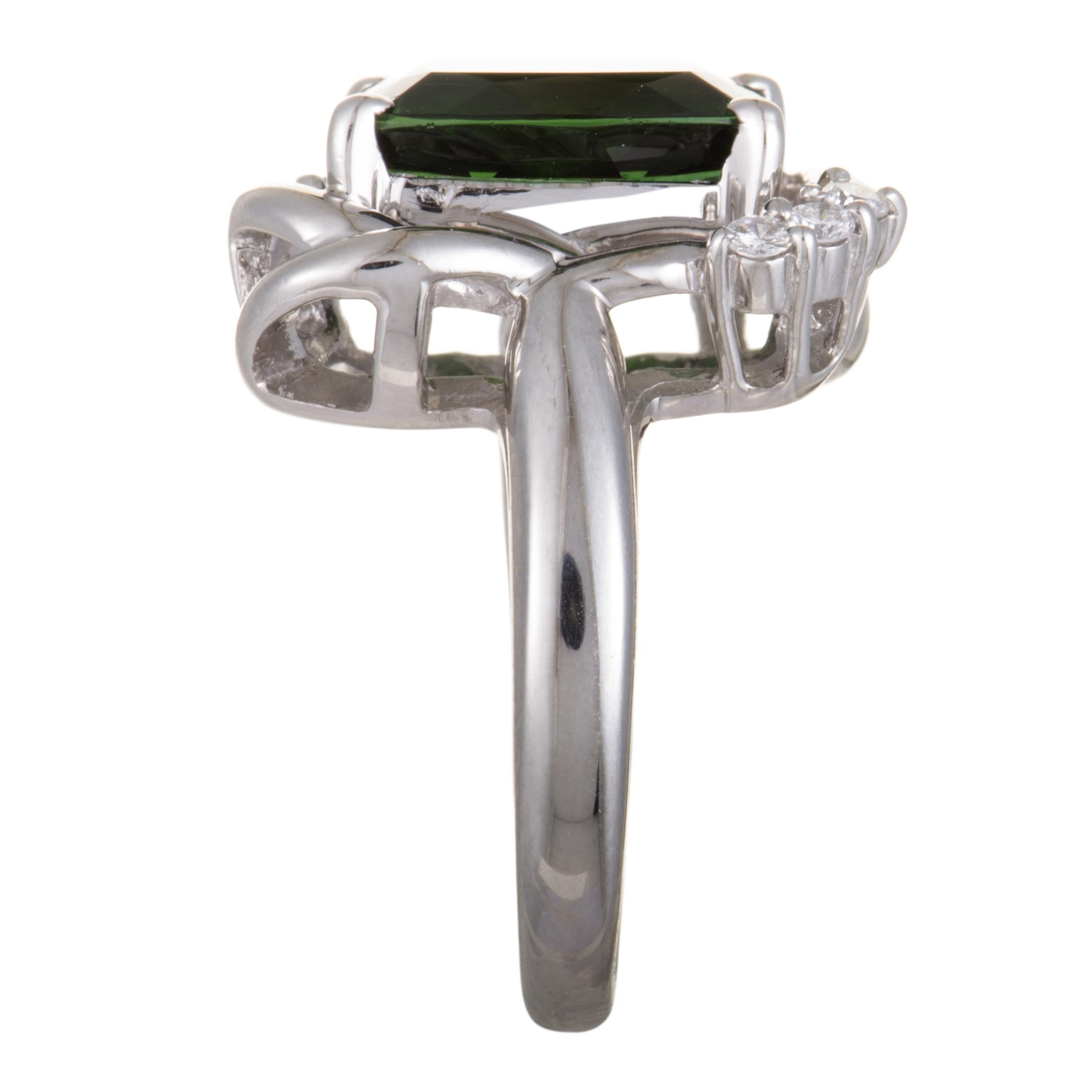 Round Cut Platinum Diamond and Green Tourmaline Rectangle Ring