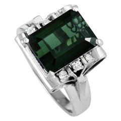 Platinum Diamond and Green Tourmaline Rectangle Ring