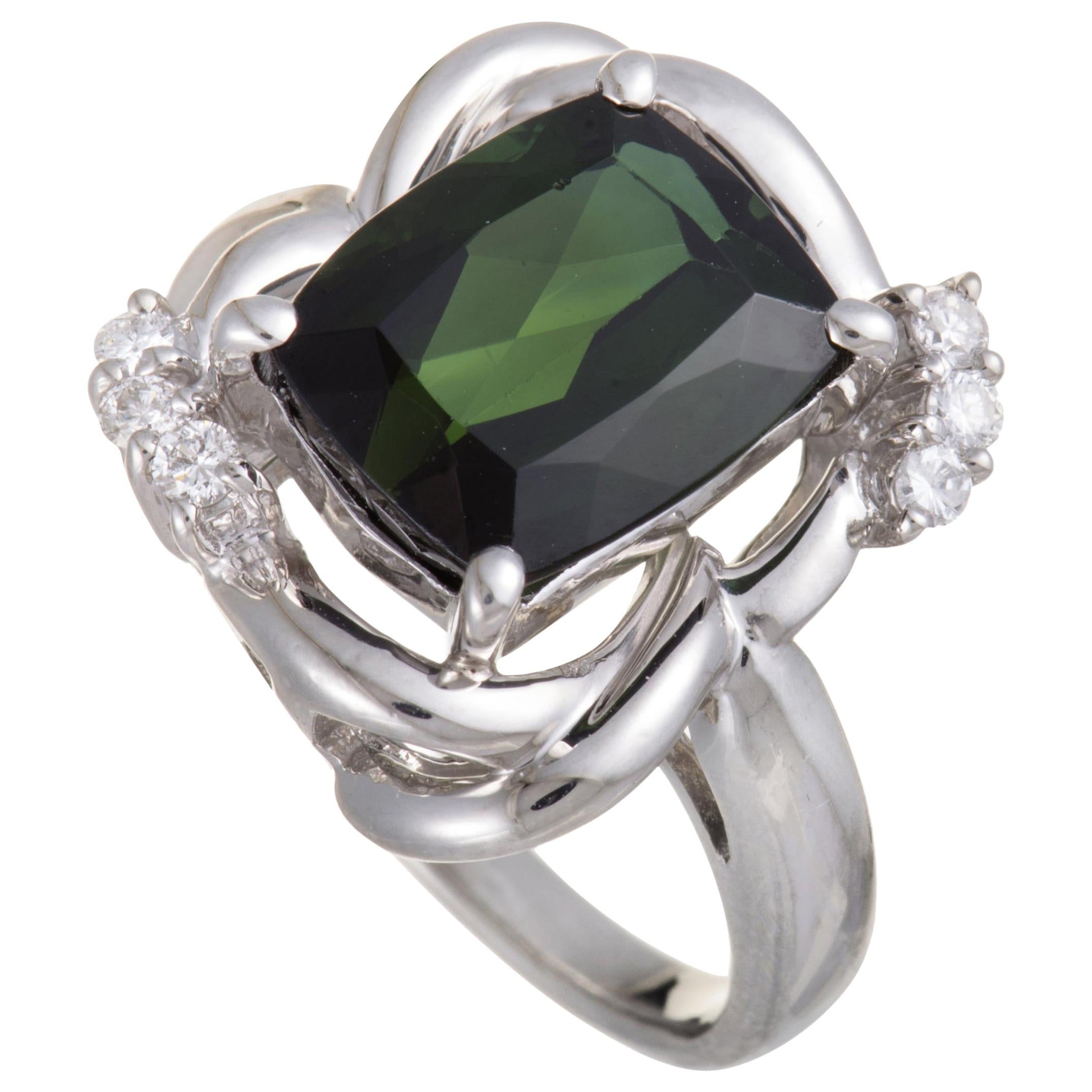 Platinum Diamond and Green Tourmaline Rectangle Ring