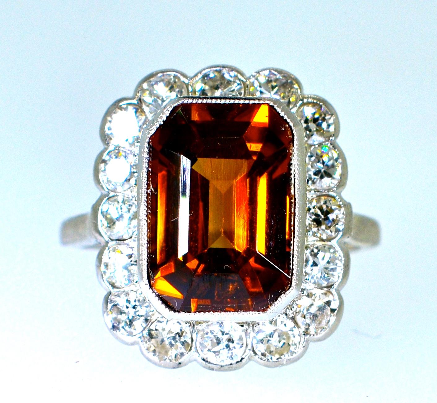 Platinum, Diamond and Natural Emerald Cut Zircon Ring, circa 1919 5