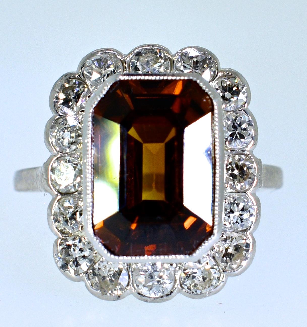 Women's or Men's Platinum, Diamond and Natural Emerald Cut Zircon Ring, circa 1919