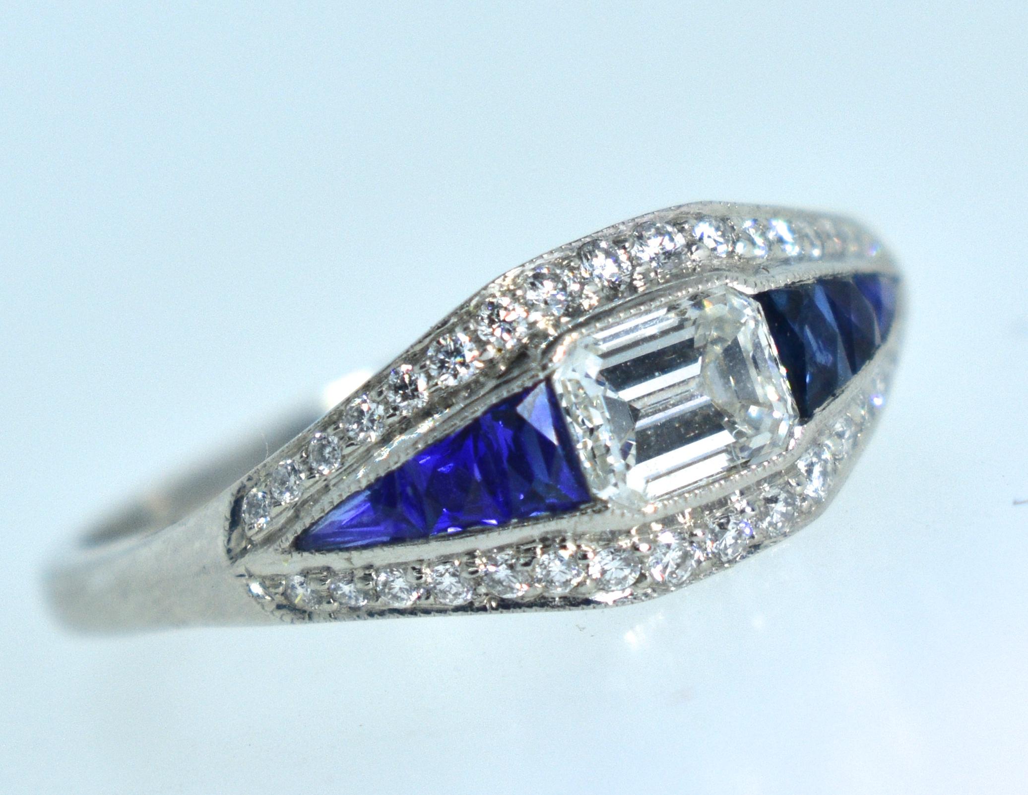 Women's or Men's Platinum, Diamond and Natural Fancy Cut Fine Sapphire Ring