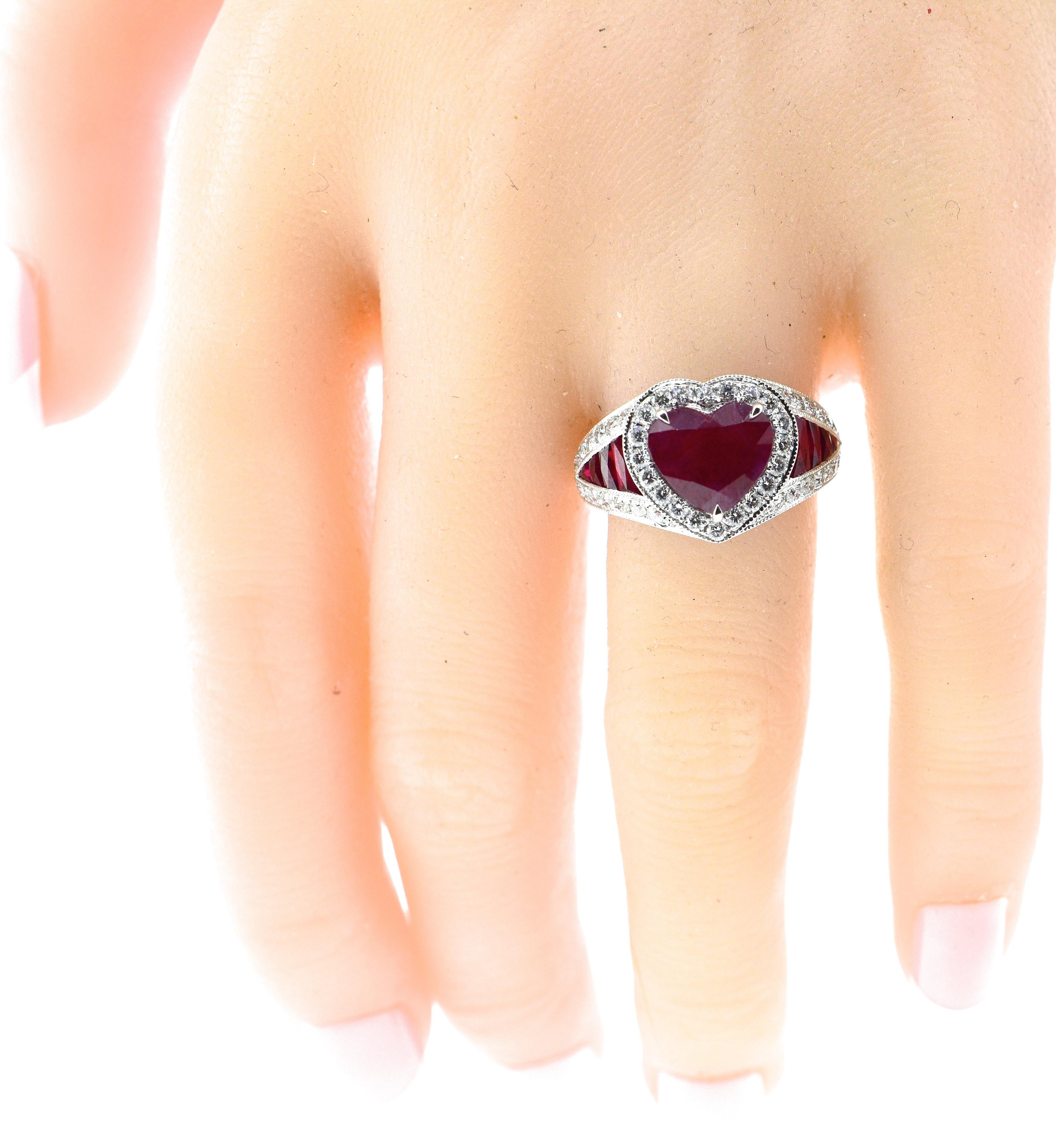 Contemporary Platinum, Diamond and Natural Heart Shaped Ruby Ring