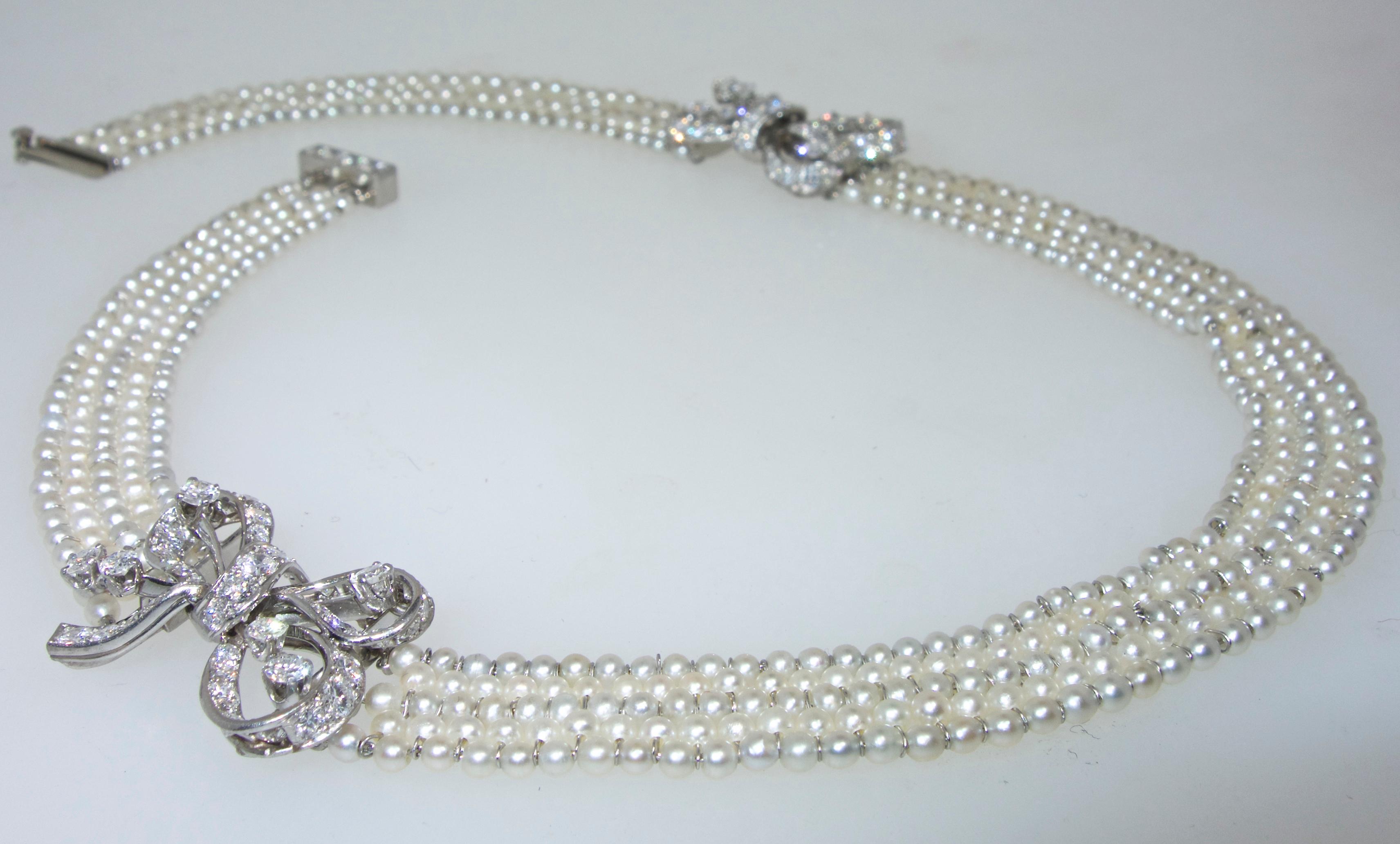 Platinum, Diamond and Natural Oriental Pearl Necklace In Good Condition In Aspen, CO