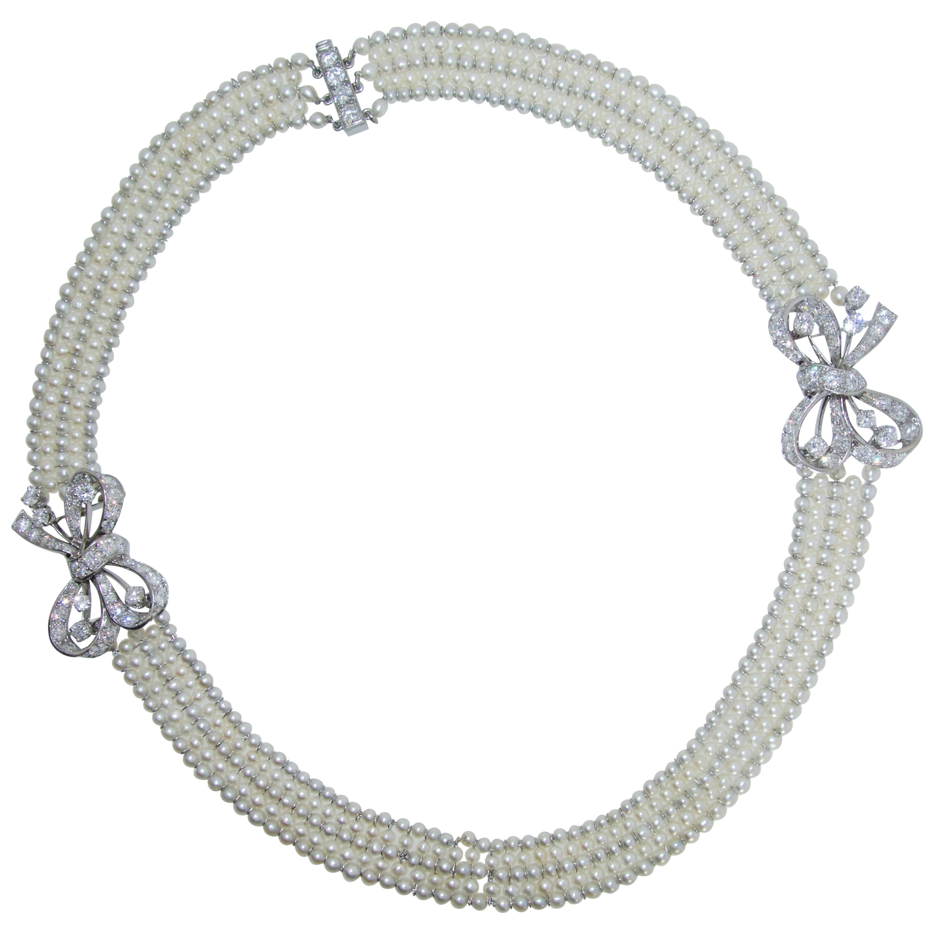 Platinum, Diamond and Natural Oriental Pearl Necklace