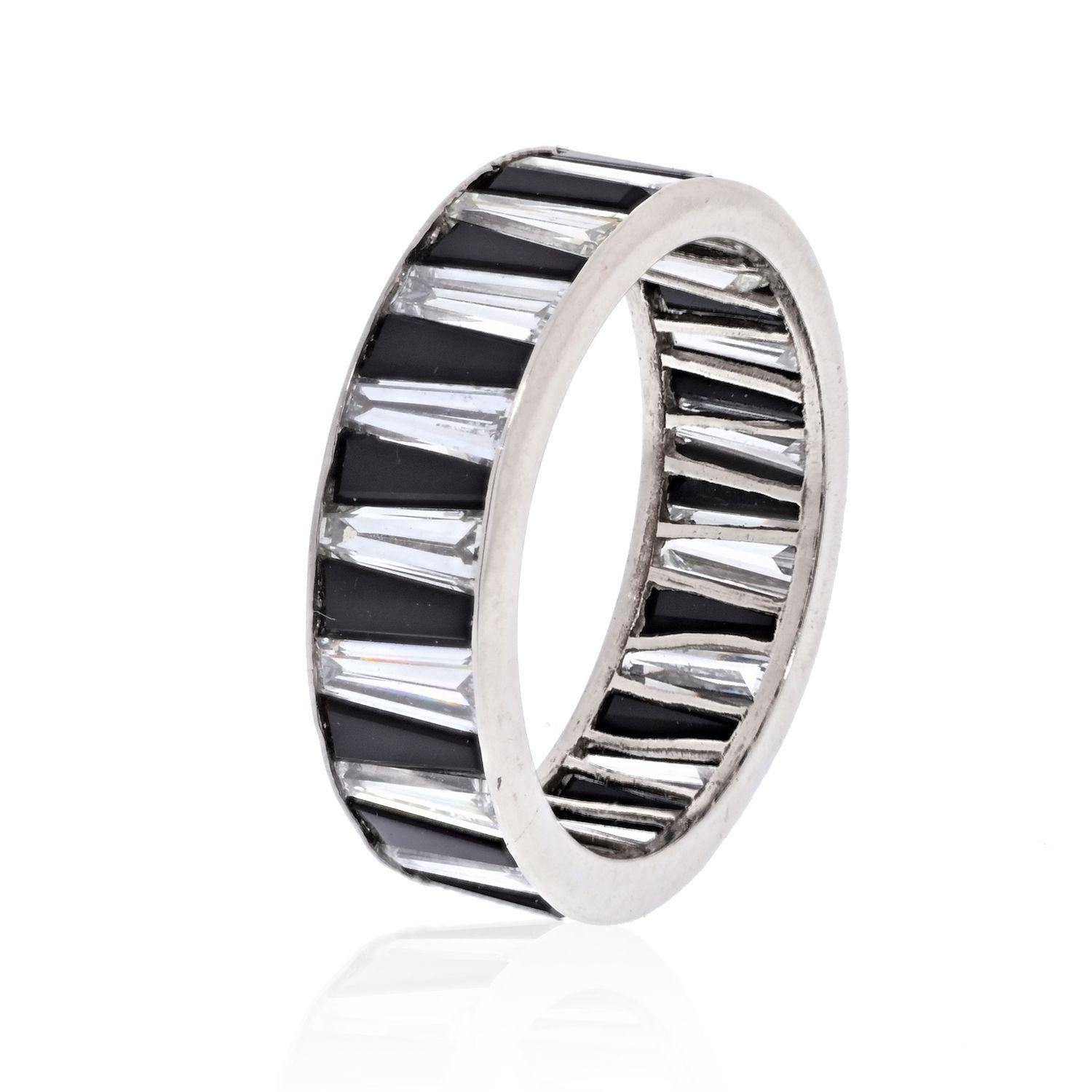 Modern Platinum Diamond and Onyx Baguette Channel Set Eternity Ring