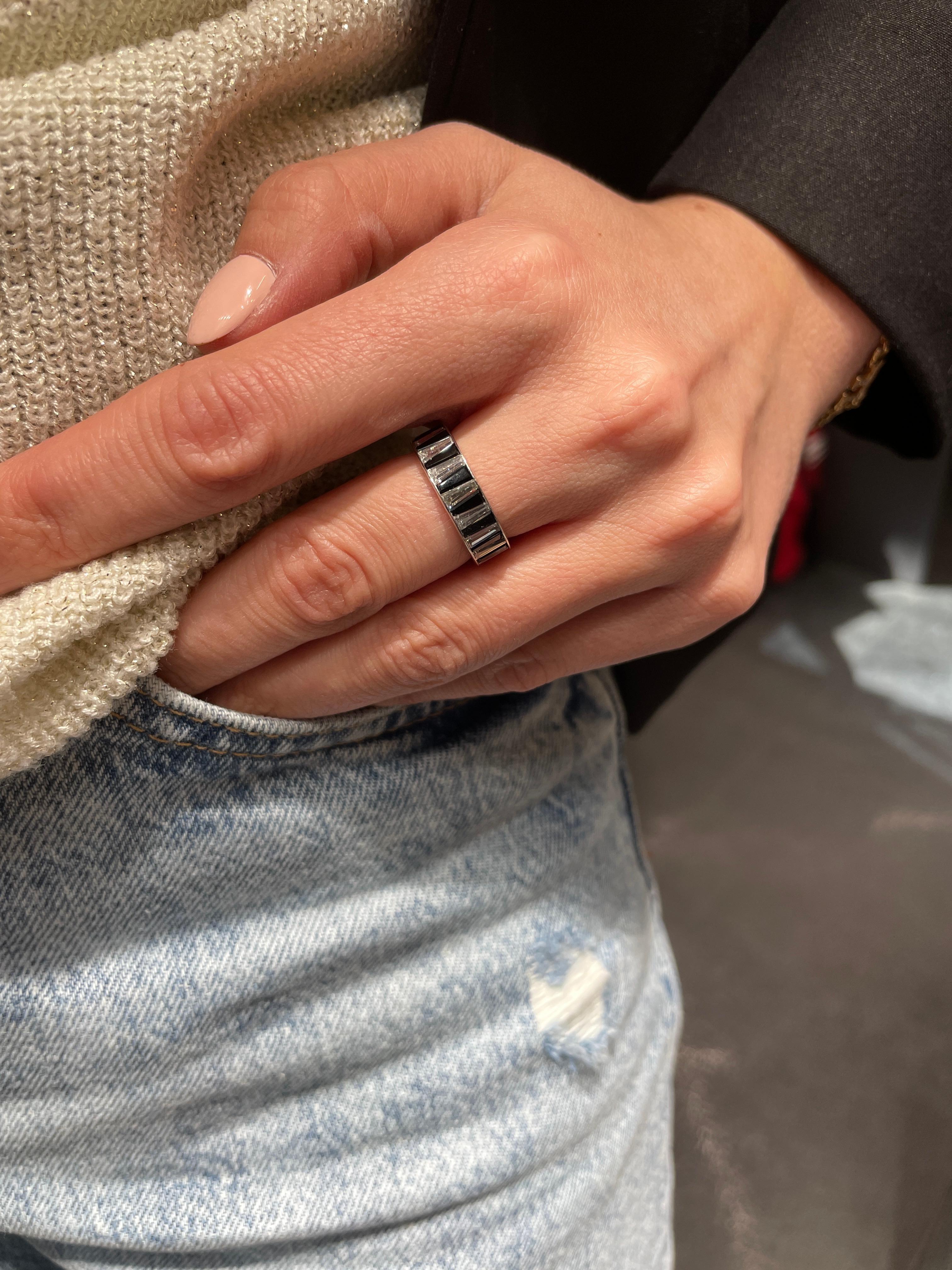 Baguette Cut Platinum Diamond and Onyx Baguette Channel Set Eternity Ring