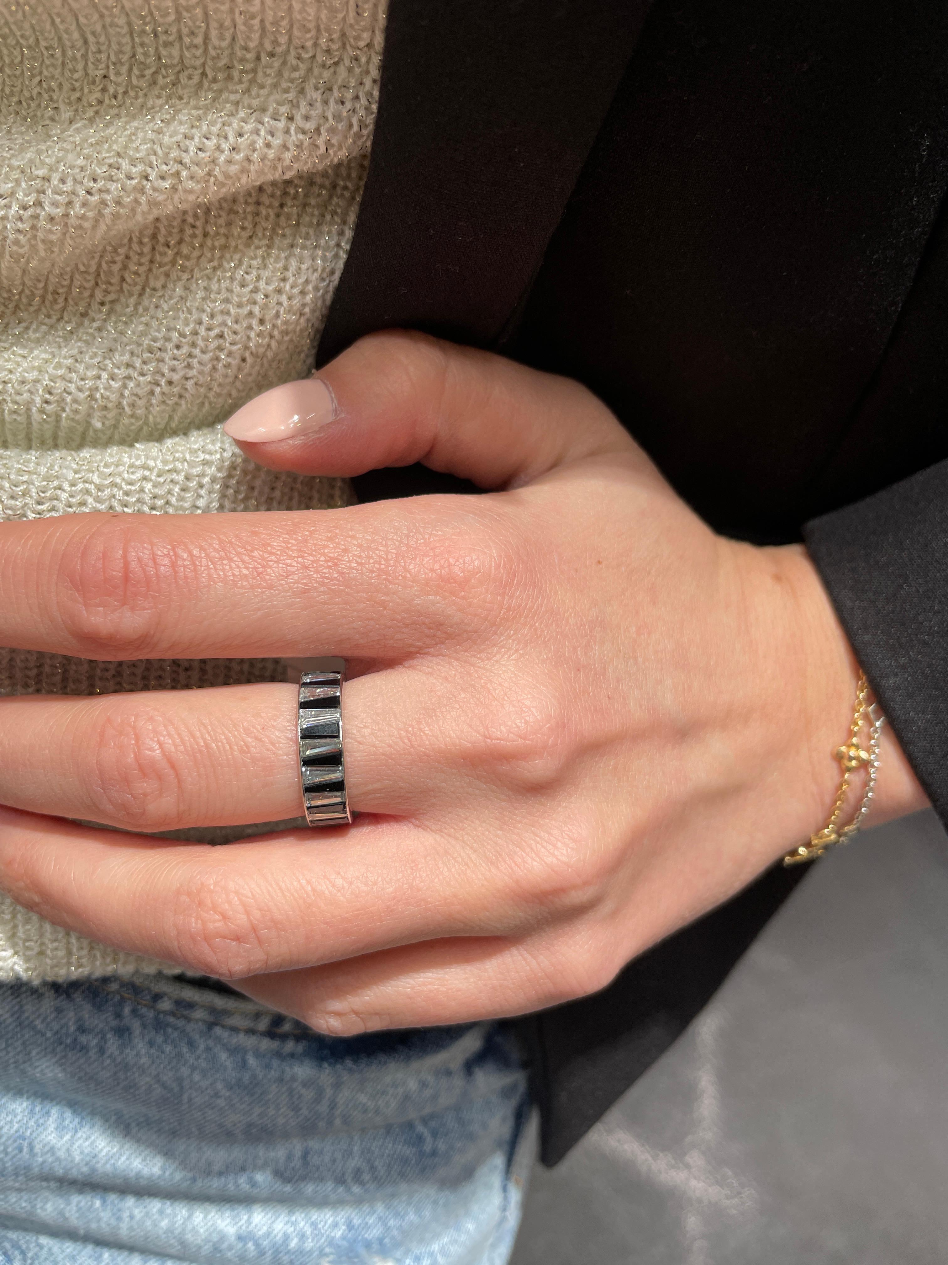 Platinum Diamond and Onyx Baguette Channel Set Eternity Ring In Excellent Condition In New York, NY