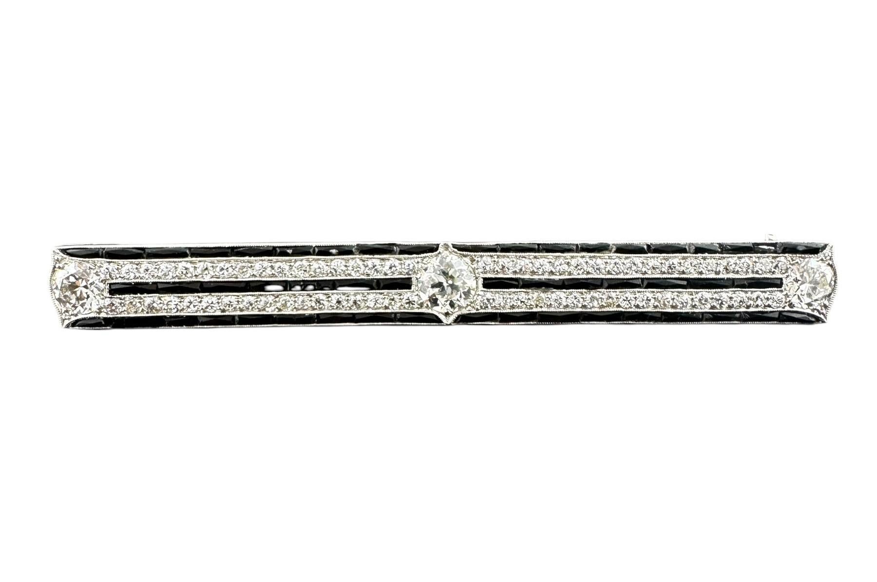 Platinum Diamond and Onyx Bar Style Brooch #21380