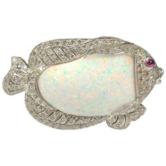 Platinum Diamond and Opal Large Fish Pendant