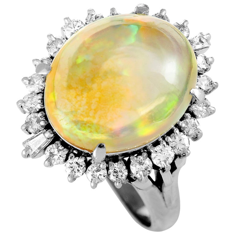 Platinum Diamond and Opal Oval Ring at 1stDibs