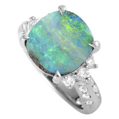 Platinum Diamond and Opal Square Cushion Ring