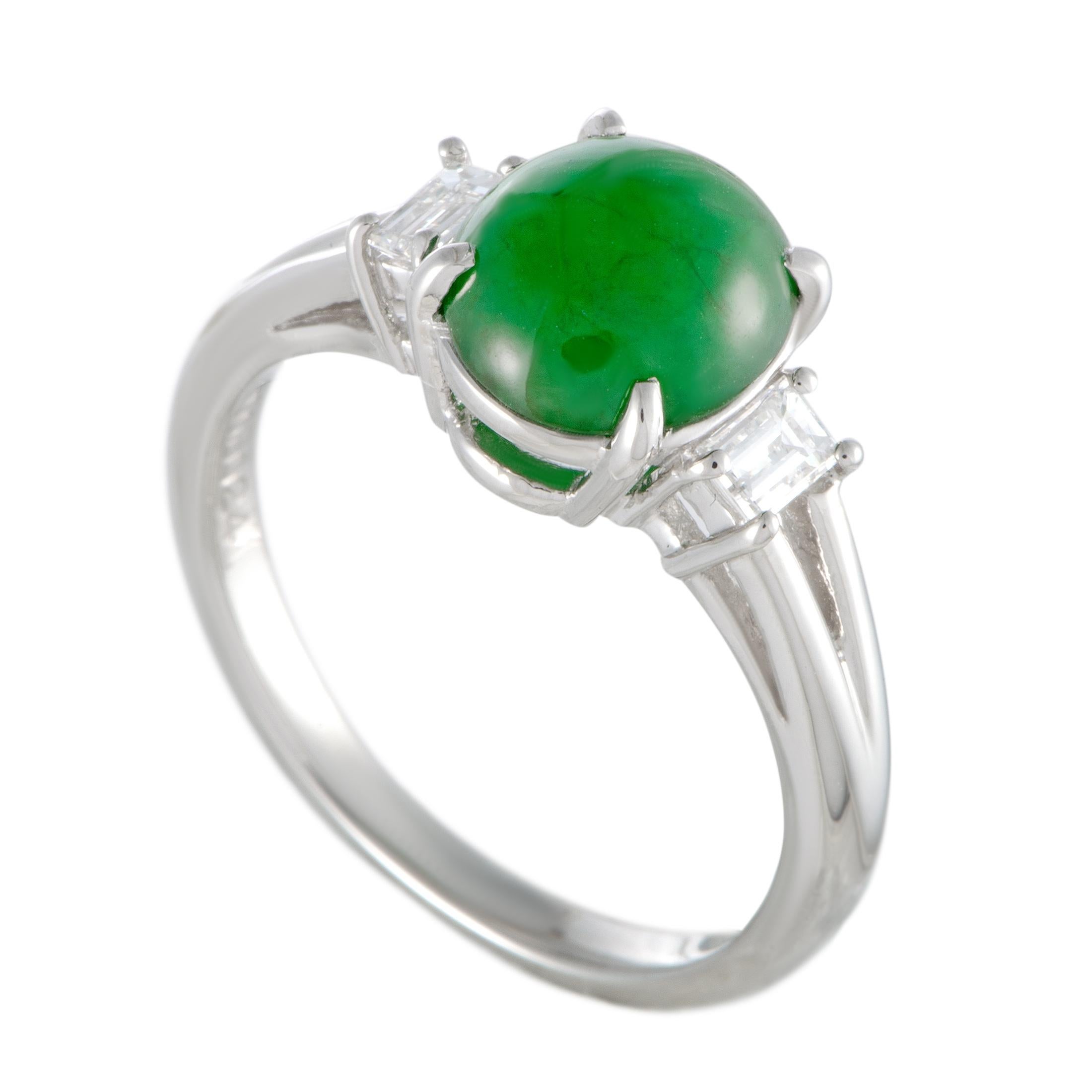 Platinum Diamond and Oval Green Jade Ring