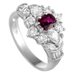Platinum Diamond and Oval Ruby Flower Ring