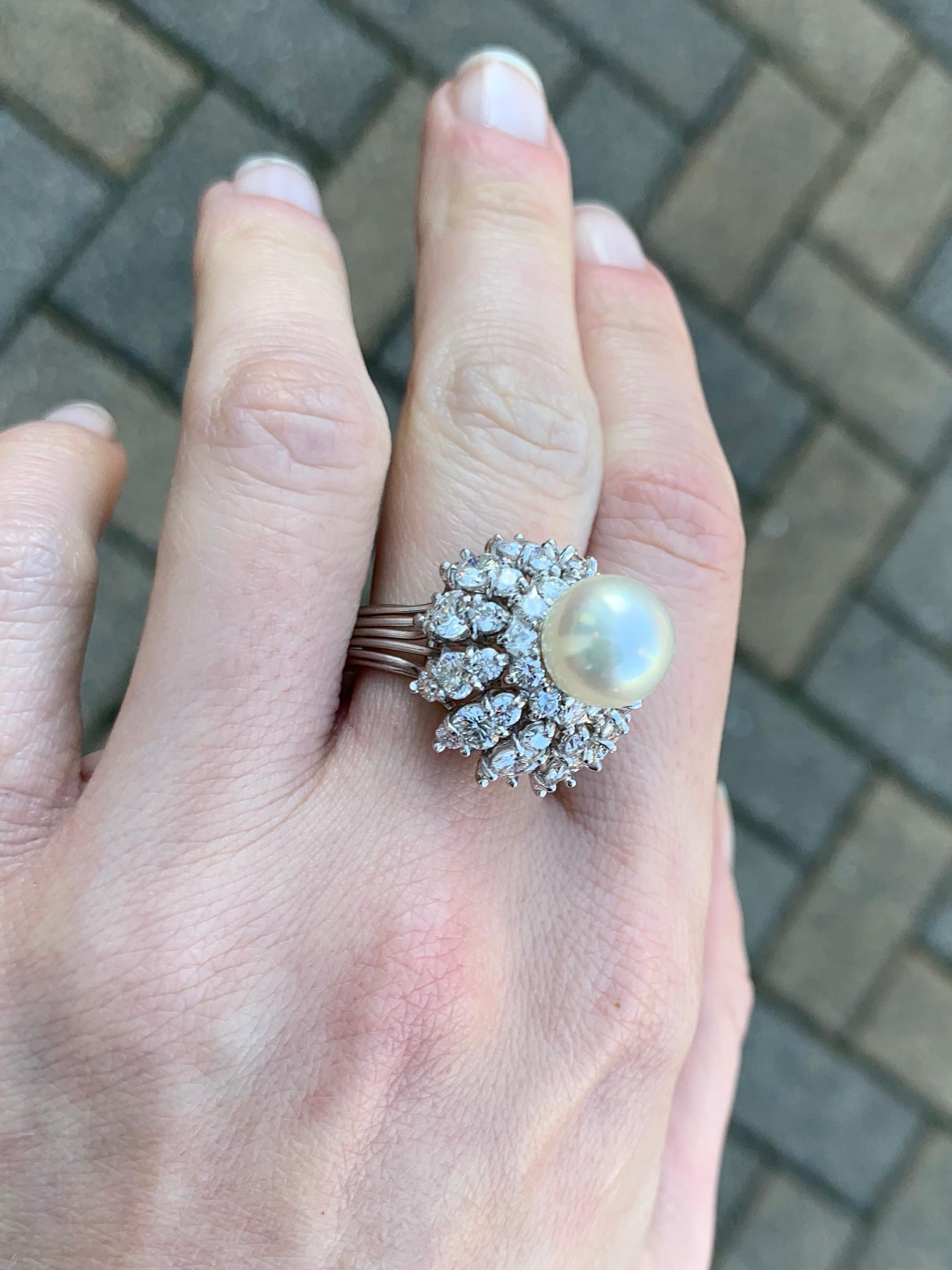 Platinum Diamond and Pearl Cocktail Ring For Sale 4