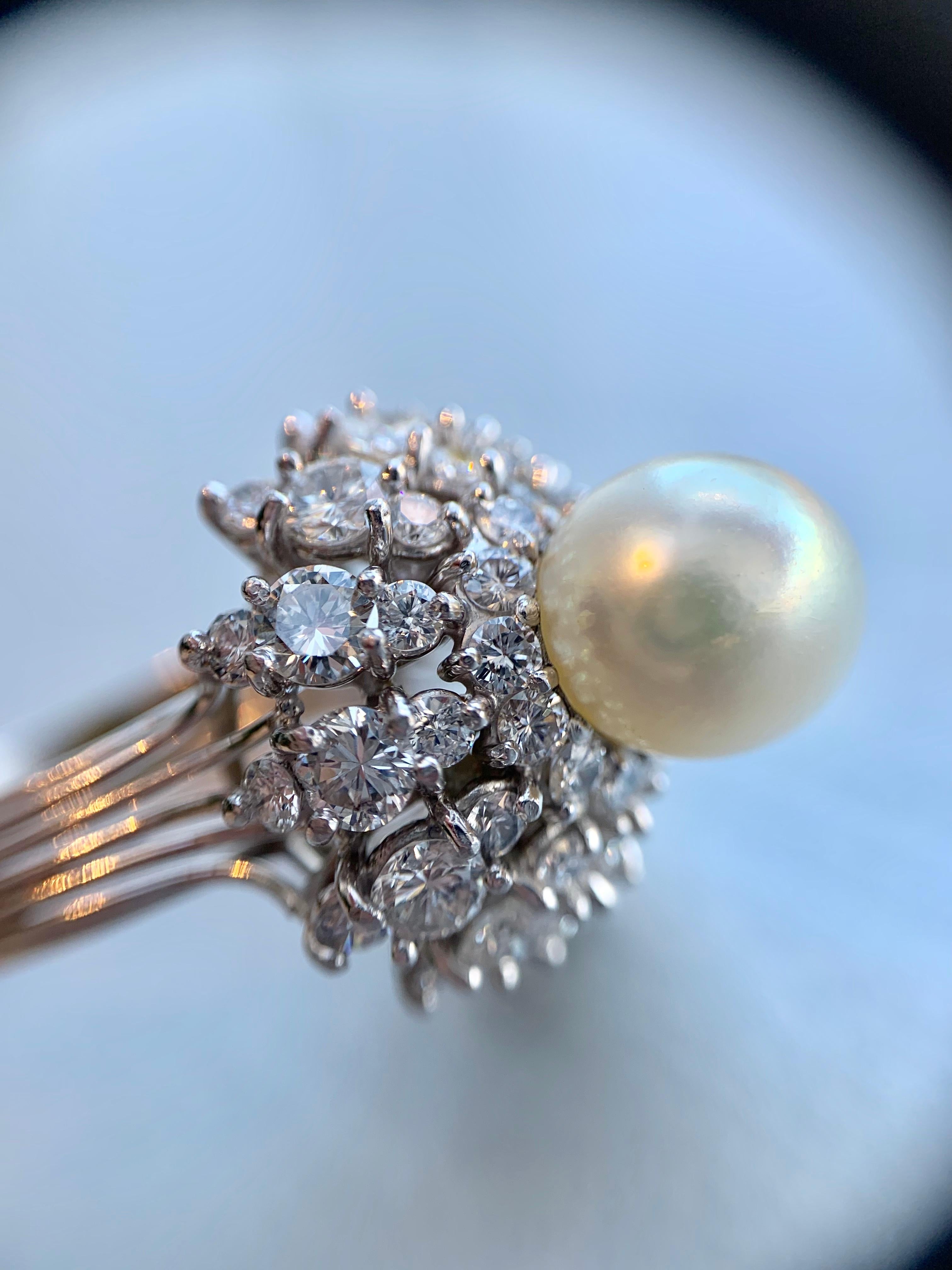 Platinum Diamond and Pearl Cocktail Ring For Sale 5