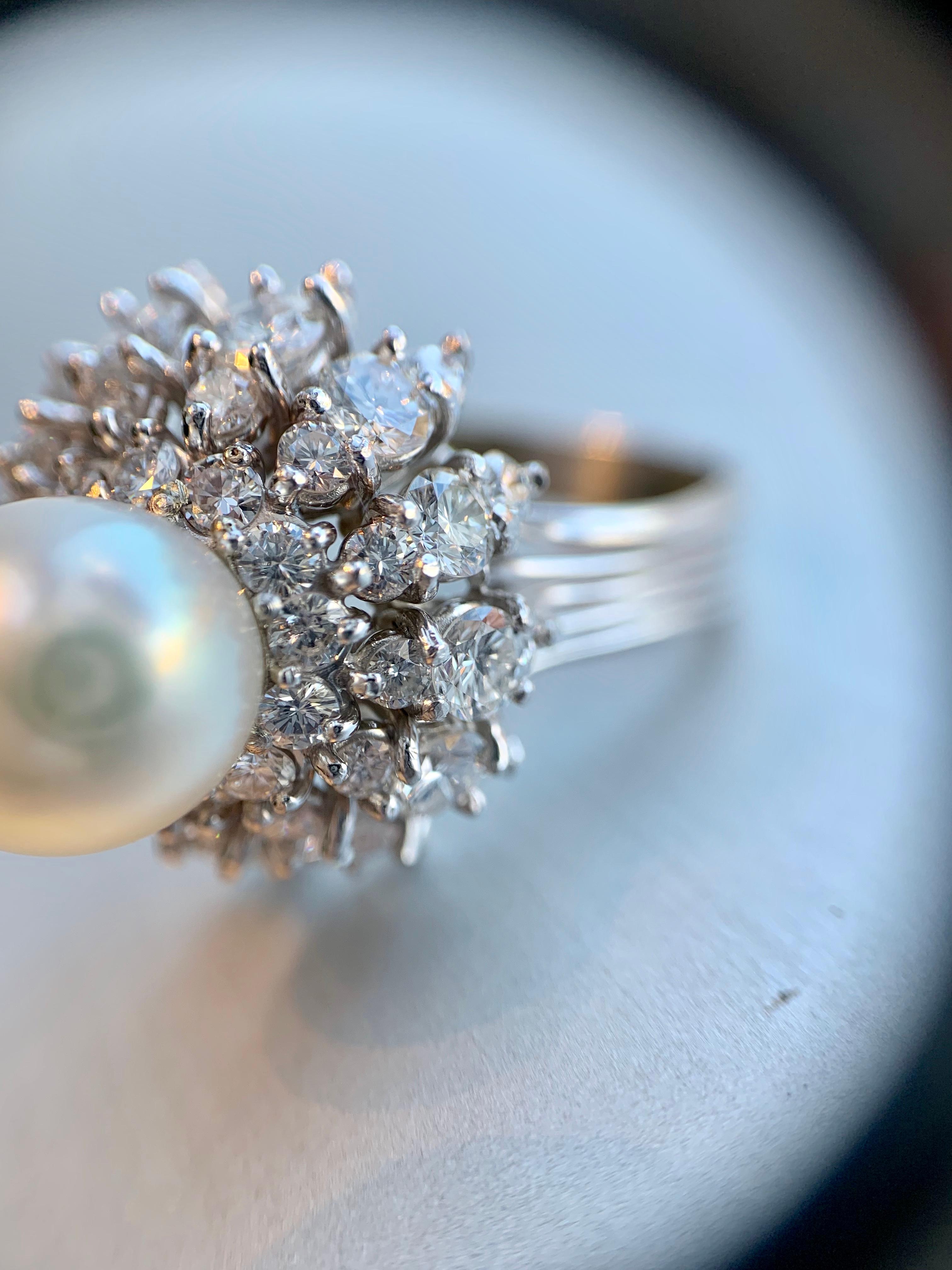 Platinum Diamond and Pearl Cocktail Ring For Sale 6