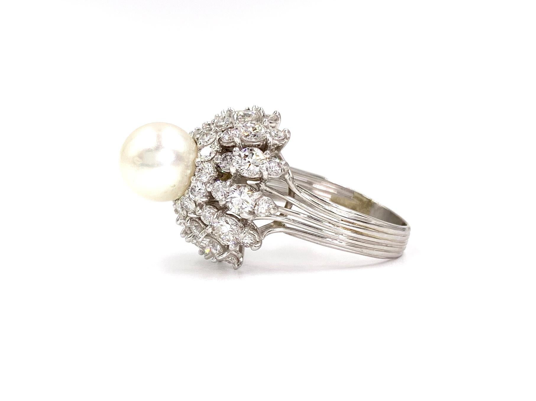 Platinum Diamond and Pearl Cocktail Ring In Good Condition For Sale In Pikesville, MD