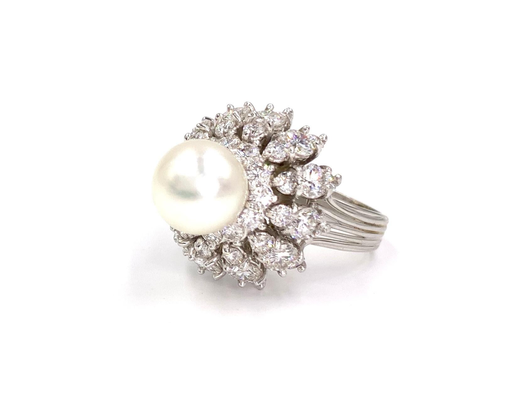 Women's Platinum Diamond and Pearl Cocktail Ring For Sale